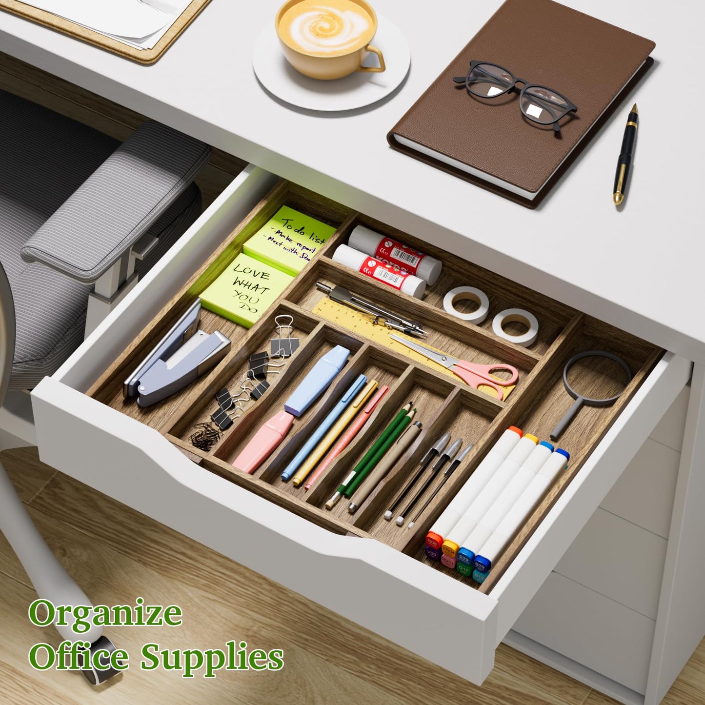 Kiasthome Acacia Wood Kitchen Silverware Drawer Organizer, Expandable Utensil Cutlery Drawer Organizer with Dividers, Flatware Organizer Silverware Tray for Spoon, Fork, 13''-20''x16.9'' (7-9 Slots)