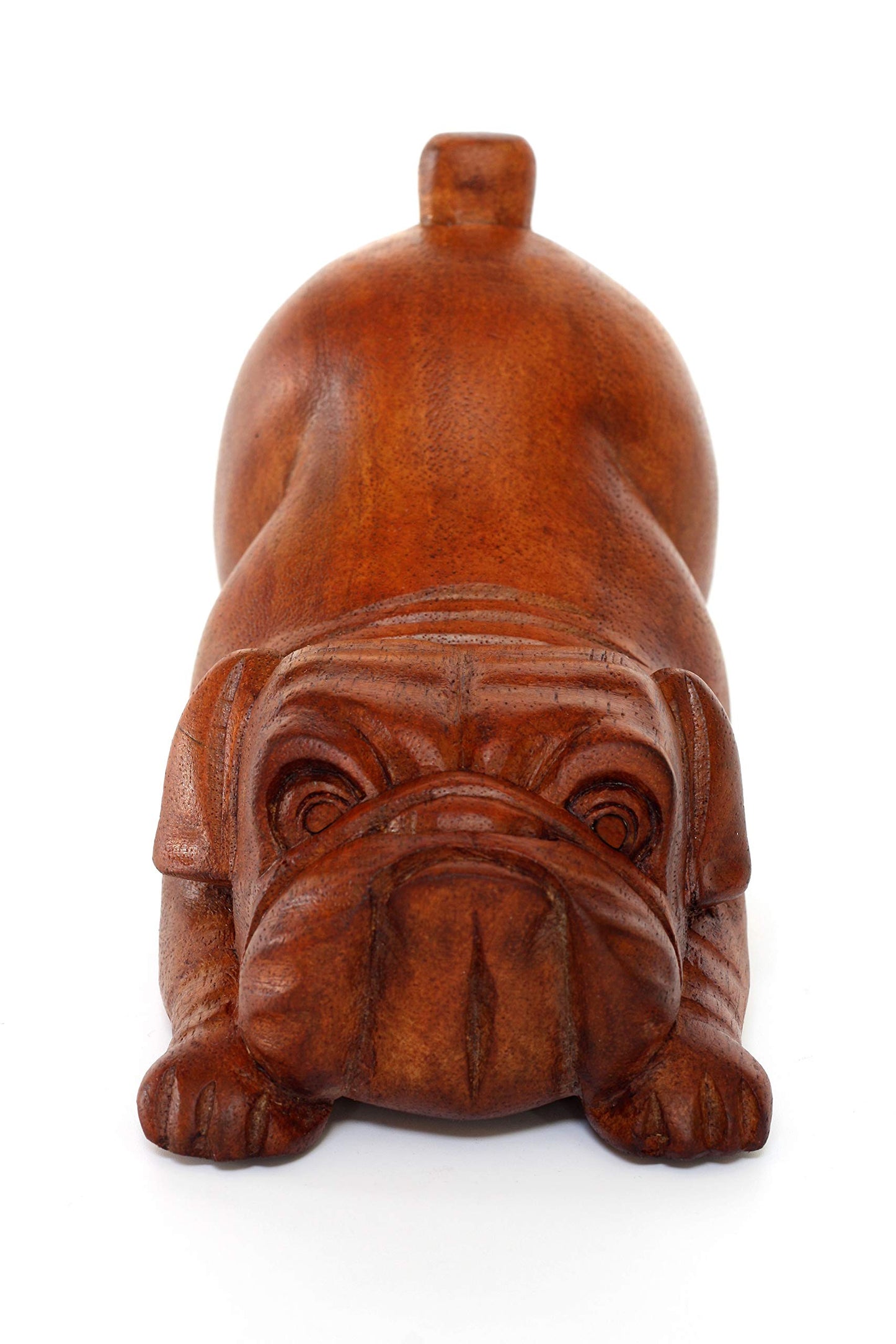 G6 Collection Wooden Hand Carved Crouching English Bulldog Statue Figurine Sculpture Art Decorative Rustic Home Decor Accent Handmade Handcrafted Wood Decoration Gift Dog Artwork,
