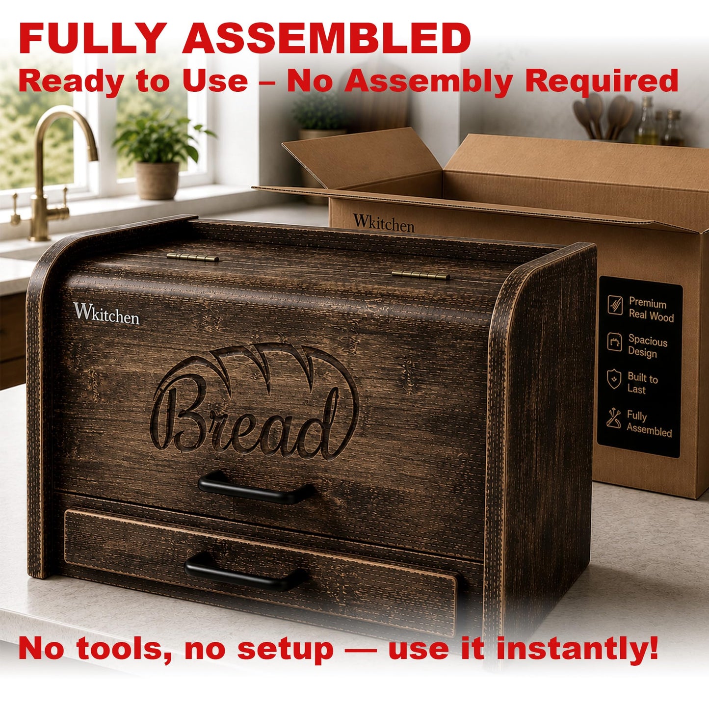 KNIFEPLANET Premium FULLY ASSEMBLED Rustic Bread Box – Extra Large Real Wood Bread Box for Kitchen Countertop Storage, Thick Durable Construction, Double Layer Design (17.5" x 10" x 12")