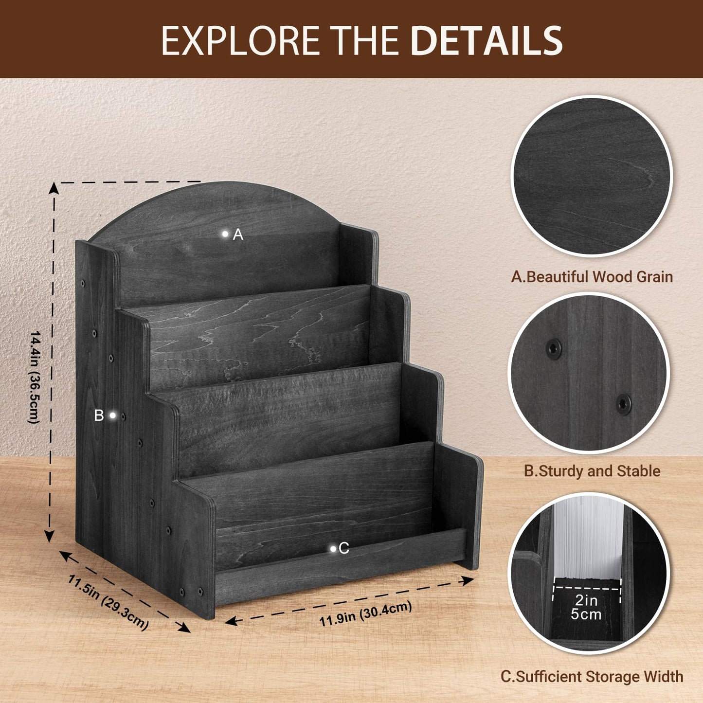 PUERSI Greeting Card Display Stand, Wooden 4-Tier Postcard Display Stand Holder for Sticker, Vendors, Retail Stores, Black