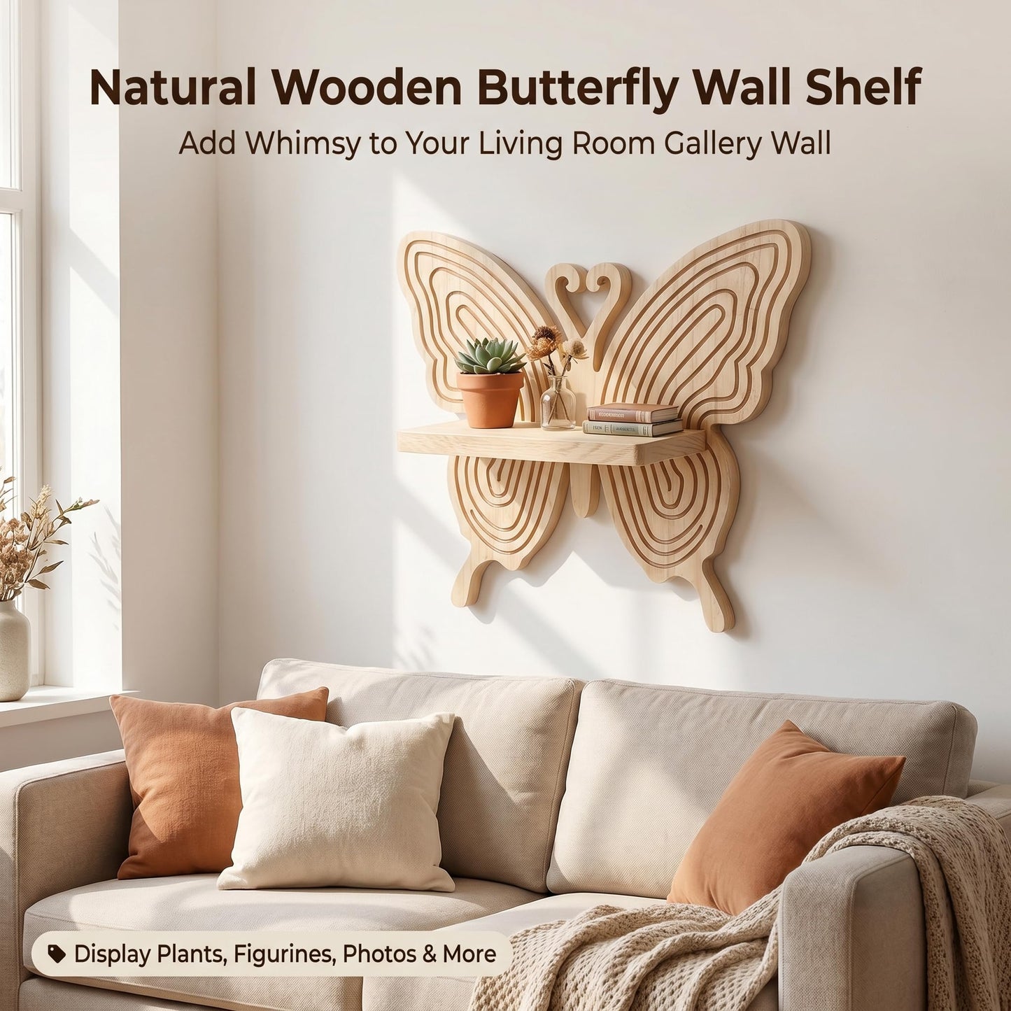 Stylitzy Boho Butterfly Wooden Floating Wall Shelf, Carved Wood Wall Art Decor, Wall Mounted Display Rack for Plants, Photos & Figurines, Hanging Storage Shelf for Bedroom Living Room