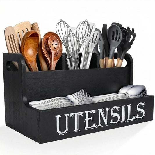 SHAXIXI Wooden Utensil Holder Kitchen, Country Style Cutlery Holder With Drainage Holes In The Bottom (Black)