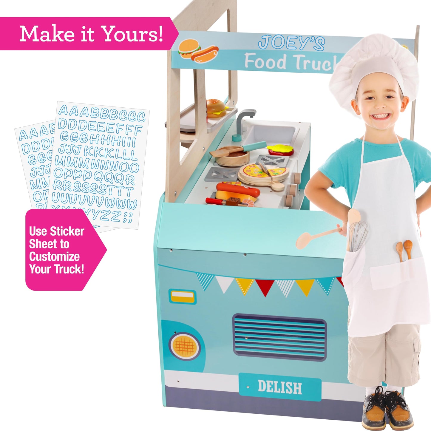 Food Truck Wooden Playset- 20 Fun Toy Pieces Including Cook Top, Steering Wheel, Sticker Sheet for Kids Name- Food Tray, Pizza Slices & More, Dual Sided Play Stand for Indoor Fun Activity, For Ages 3+