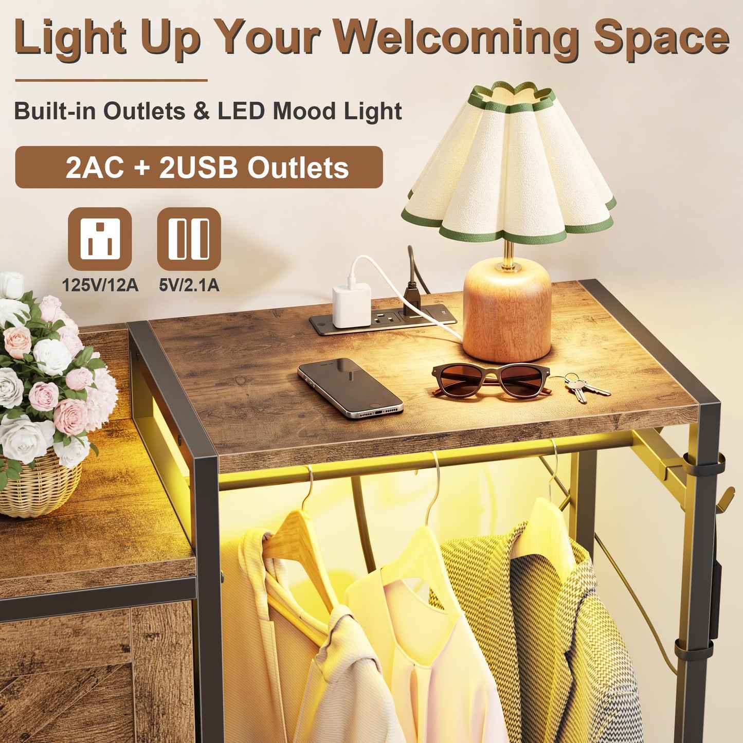 HIGDBFE Shoe Cabinet with 2 Flip Drawers and Hanging Rack, Narrow Entryway Organizer with Charging Station and LED Light, Freestanding Hidden Shoe Storage for Hallway, Rustic Brown, 41.3" W