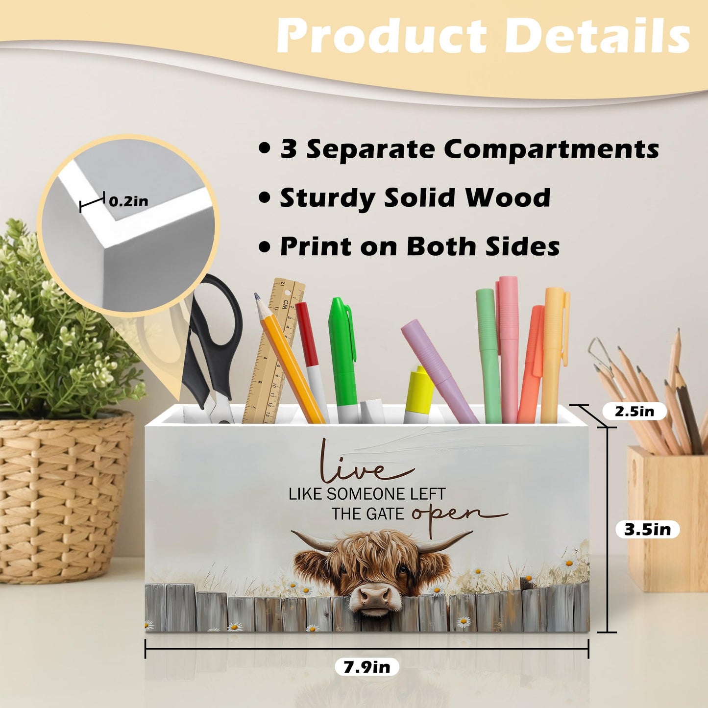 ANIANG Farmhouse Highland Cow Pen Holder Organizer Desk Decor, Highland Cow Gifts for Women, Live Like Someone Left the Gate Open Wooden Pen Pencil Holders for Home Office Desk Accessories
