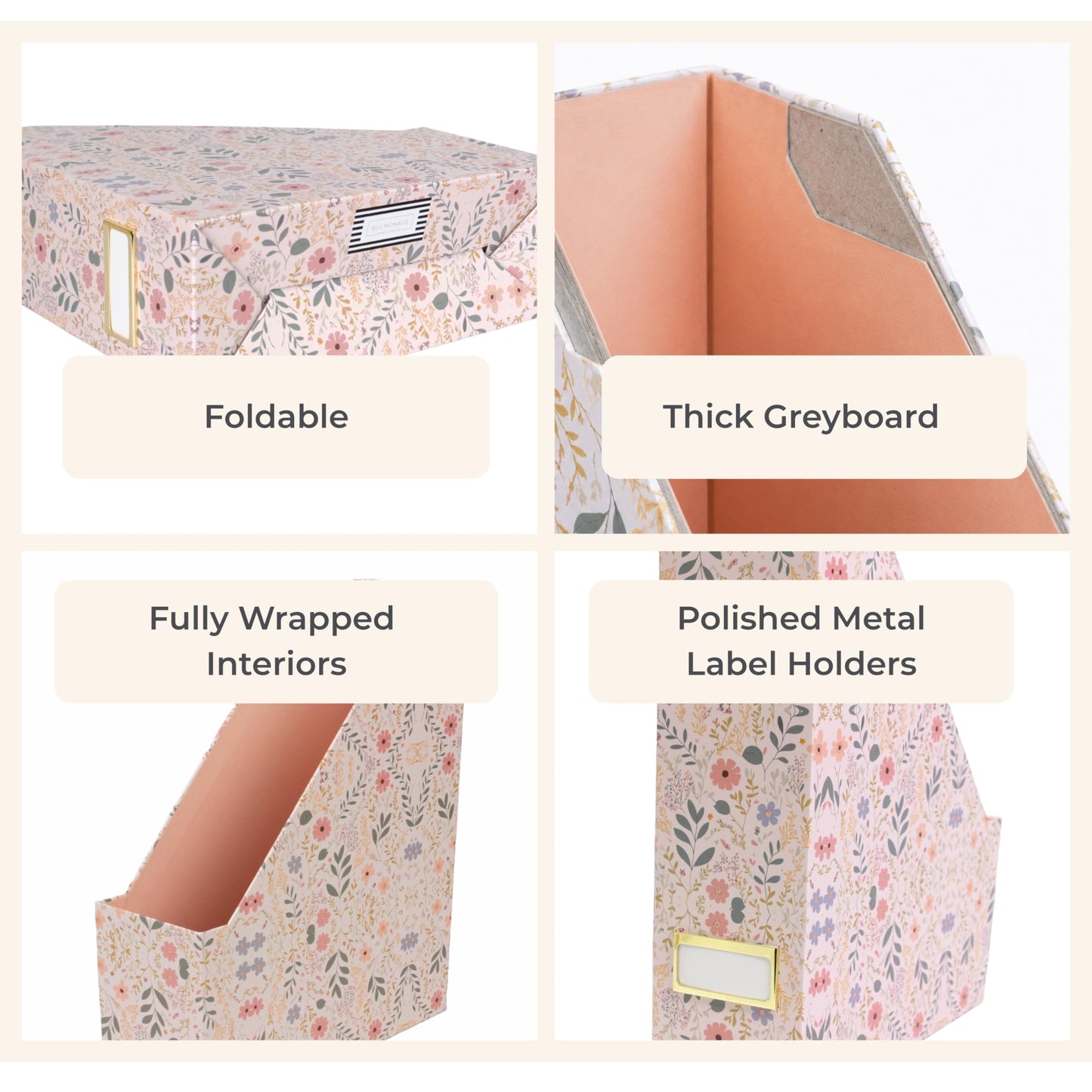 BLU MONACO | Cardboard Magazine File Holder Set of 4 | Standing File Holder with Floral Boho Design | Foldable Cardboard Bins for Shelves Desk Office Storage
