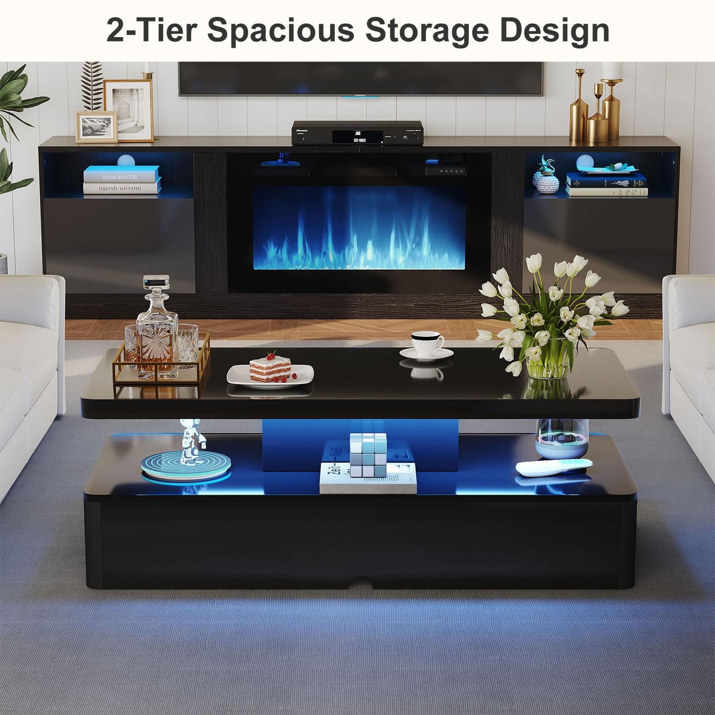 MXV Modern Coffee Table, 40 Inches Coffee Tables with 16 Colors LED Lights, 2 Tier Rectangular Center Table, Large Storage Space, High Glossy Wooden Tea Table for Living Room, Bedroom, Office, Black
