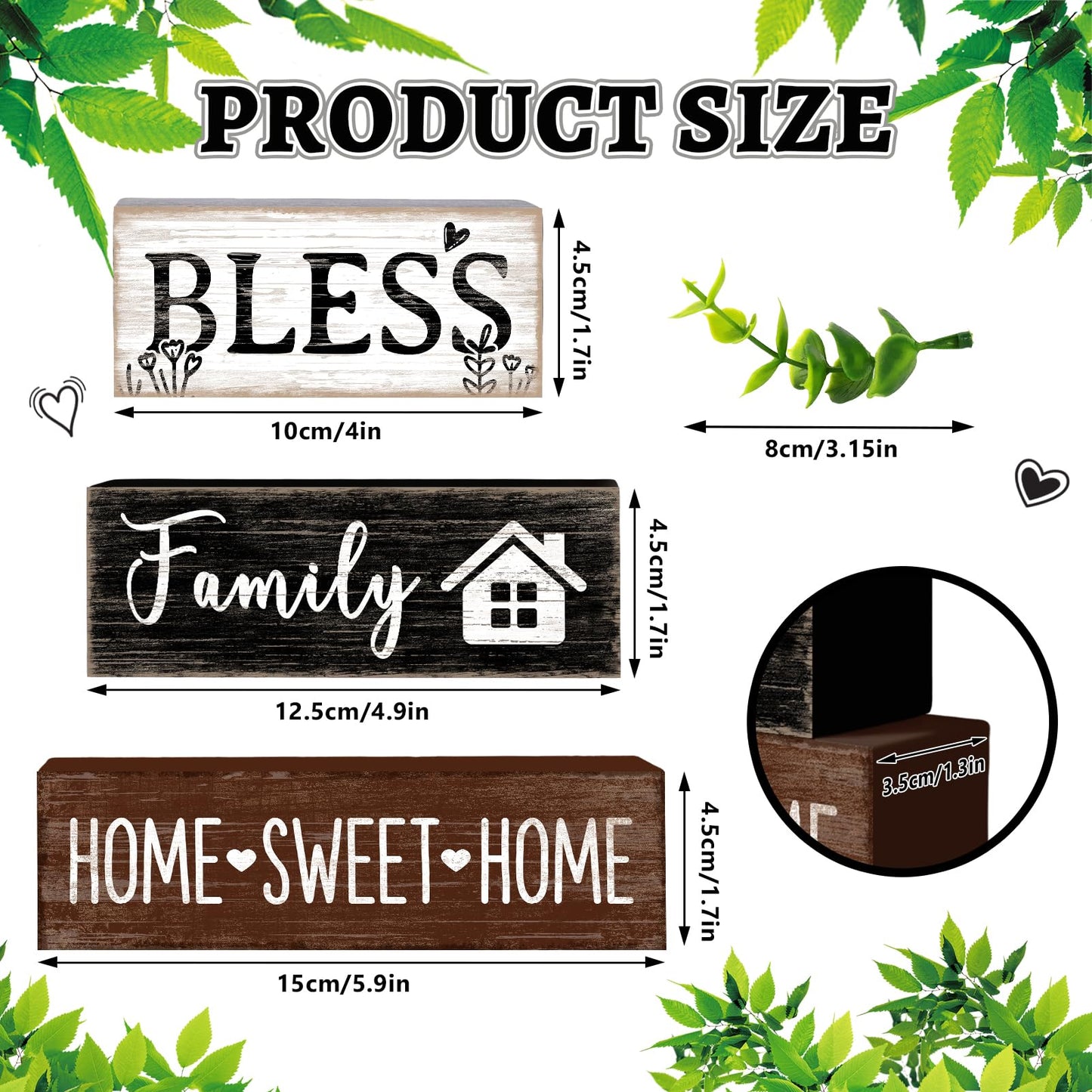 TOMPOP 4 Pcs Sweet Home Wooden Table Decor Eucalyptus Leaves Tabletop Sign Farmhouse Tiered Tray Decorations Family Wood Block Stack Sign Gift for Home Fireplace Mantel (Leaf)