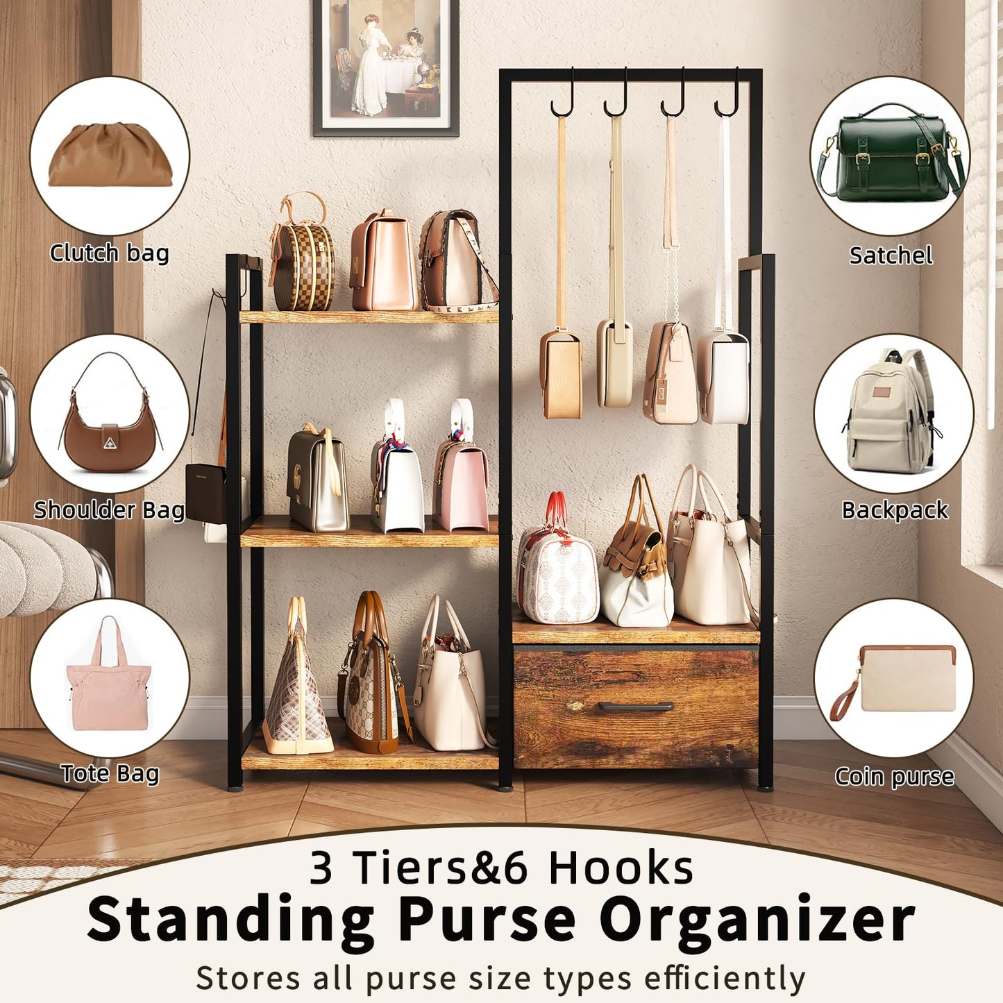 BTaoyutt 3-Tier Ironwood Purse Rack – Large Drawer & 6 Hooks for Handbag Storage ，Purse Display Shelf& Bag Organizer for Various Bags(Rustic Brown)