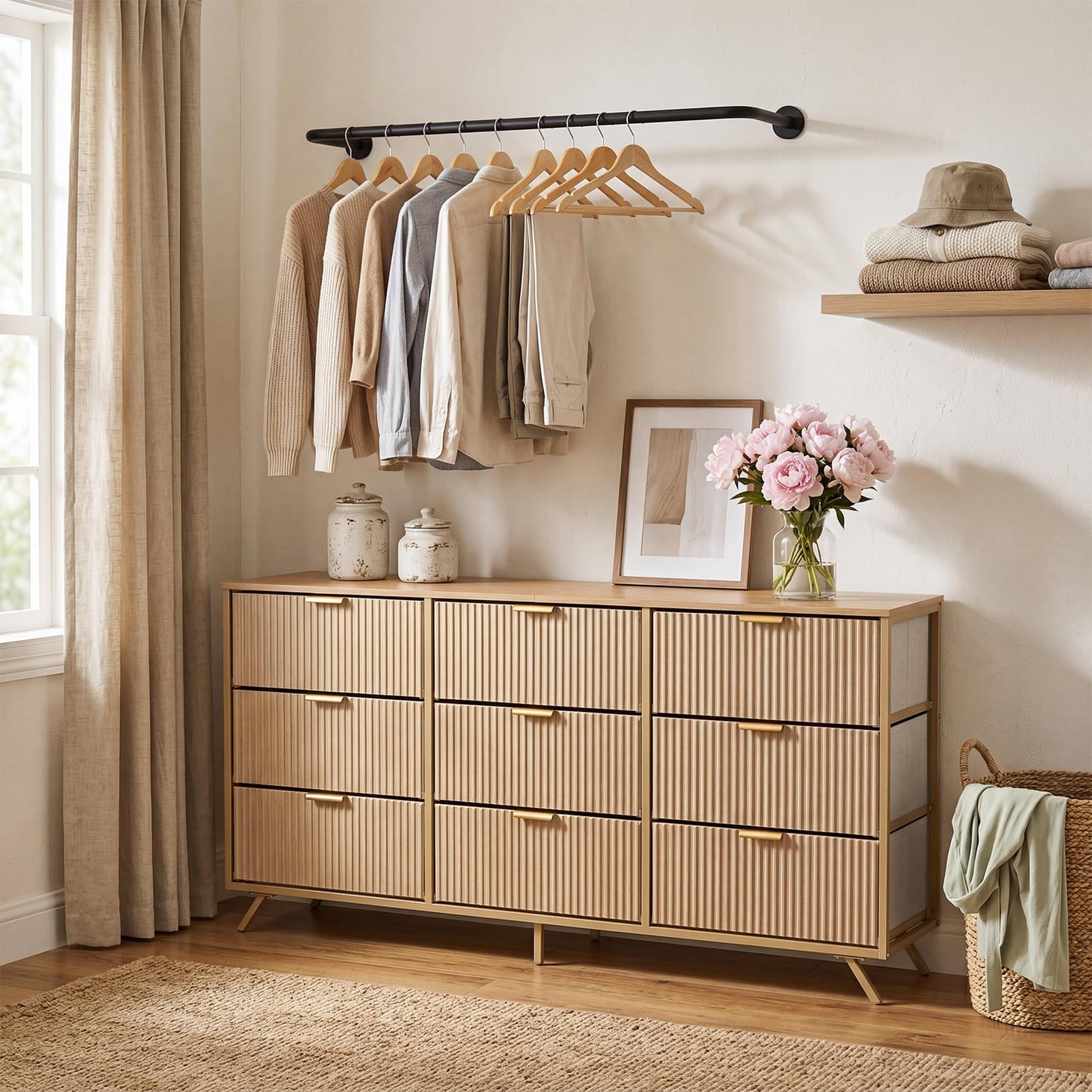 DUMOS Fabric Fluted Dresser, Modern Chest of 9 Fabric Drawers for Bedroom, Large Dressers with Metal Frame & Wooden Top, Storage Organizer Closet for Living Room, Entryway, Natural Oak