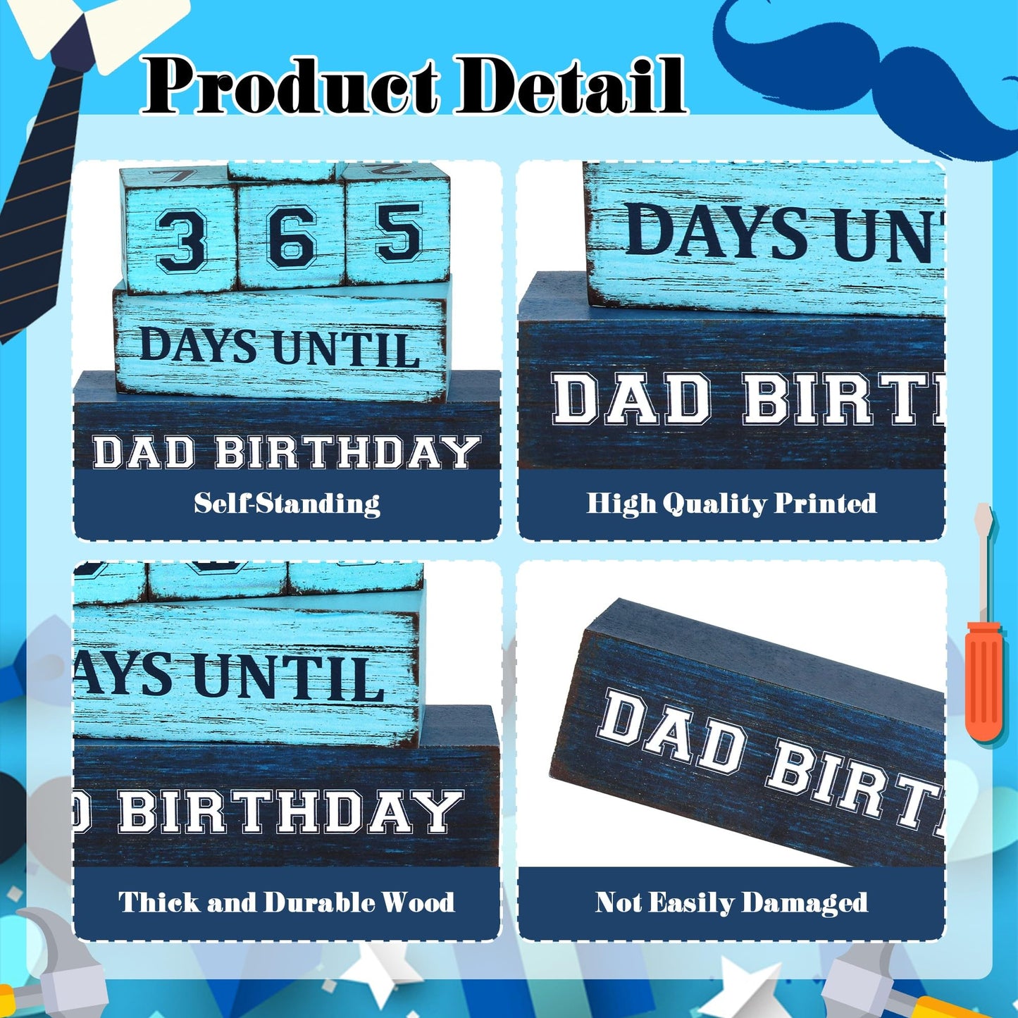 365 Days Dad Birthday Countdown Wooden Tiered Tray Decor, Father Day Decorations Gifts for Home, Daddy Papa Pop Grandpa Table Centerpiece for Office Kitchen Office