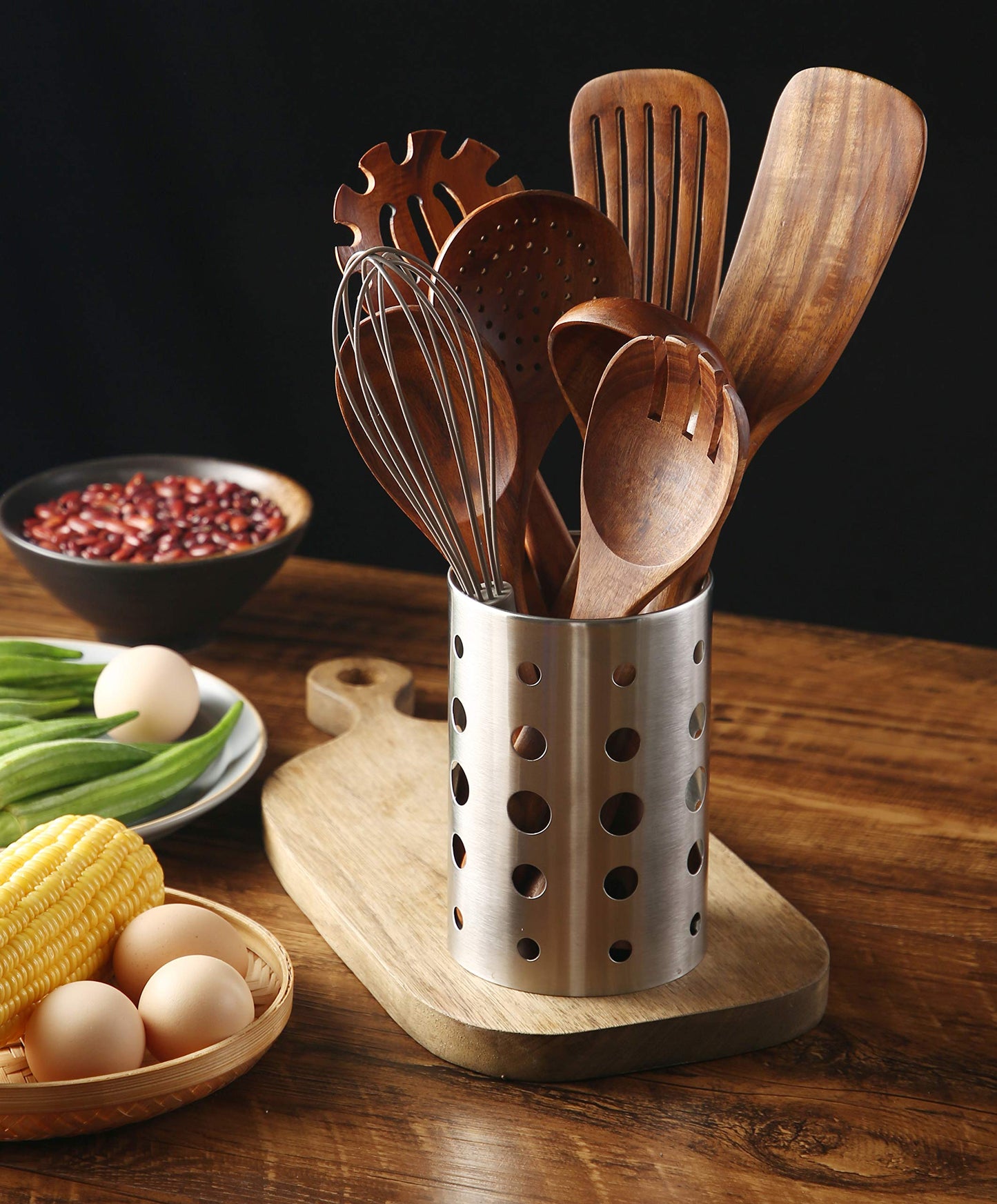 NAYAHOSE Wooden Kitchen Utensils Set with Holder, NAYAHOSE 9 Pcs Teak Wood Spoons for Cooking Spatula Set with Stainless Steel Storage Barrel
