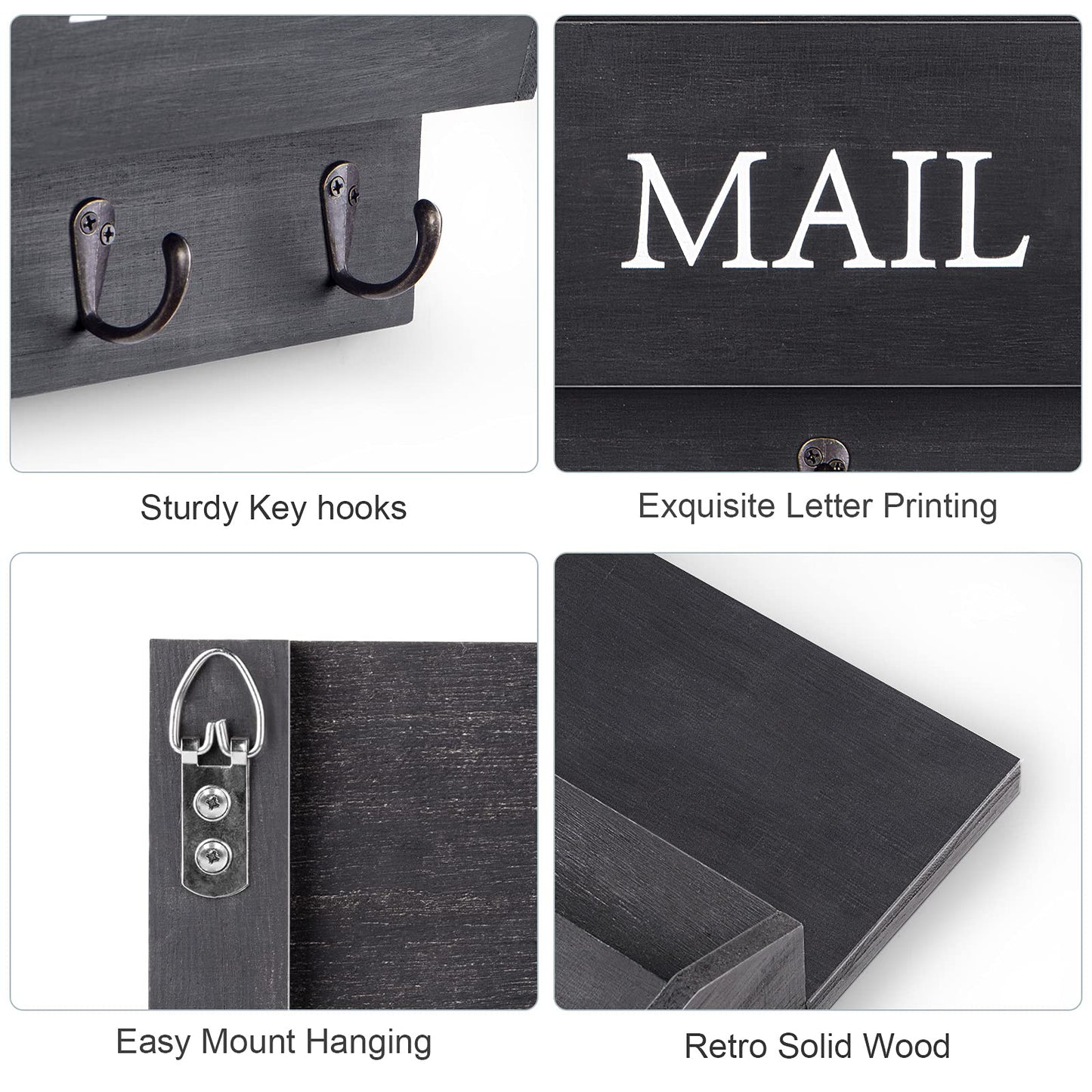 DLQuarts Mail Organizer with Key Holder for Wall, Mail Sorter Wall Mounted, Decorative Wooden Key and Mail Holder with 3 Hooks, Black