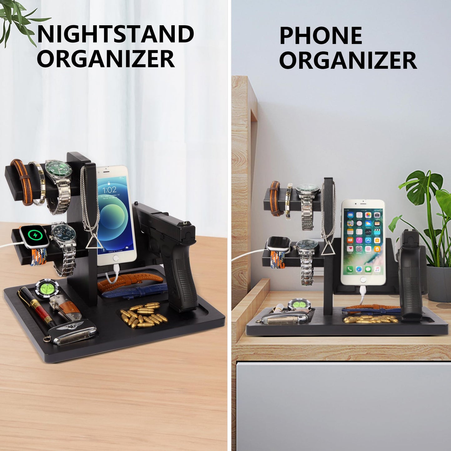 Pistol Rack for Gun Safe, Wooden Handgun Rack Holder for Gun, Wood Phone Docking Station with Magnetic Groove as Nightstand Organizer as Gifts for Men Boyfriend Husband Father in Birthday Christmas