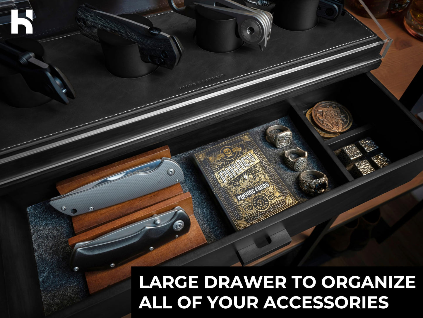 Premium Pocket Knife Display Case for 10 Knives - Wooden Knife Organizer, Storage & Holder with Unique Pillars, Hinged Cover, Drawer - Knife Collection Box - Handcrafted Father's Day Present for Men