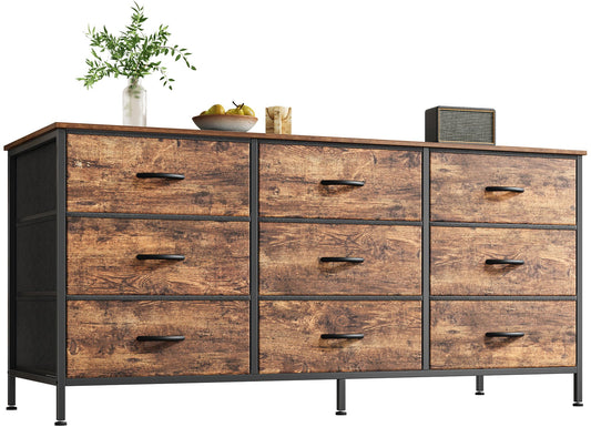 Huuger 9 Drawer Dresser, 47 Inch Dresser TV Stand for 50, 55 Inch TV, Entertainment Center with Drawers, Fabric Chest of Drawer for Bedroom, Closet, Rustic Brown