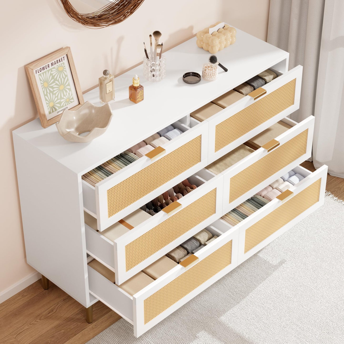 Garvee Rattan 6 Drawer Dresser, 42.5''W Wood Dresser, Chest of Drawers with Gold Legs and Handles, Double Dressers with Large Tabletop and Anti-Tipping Design for Bedroom, White