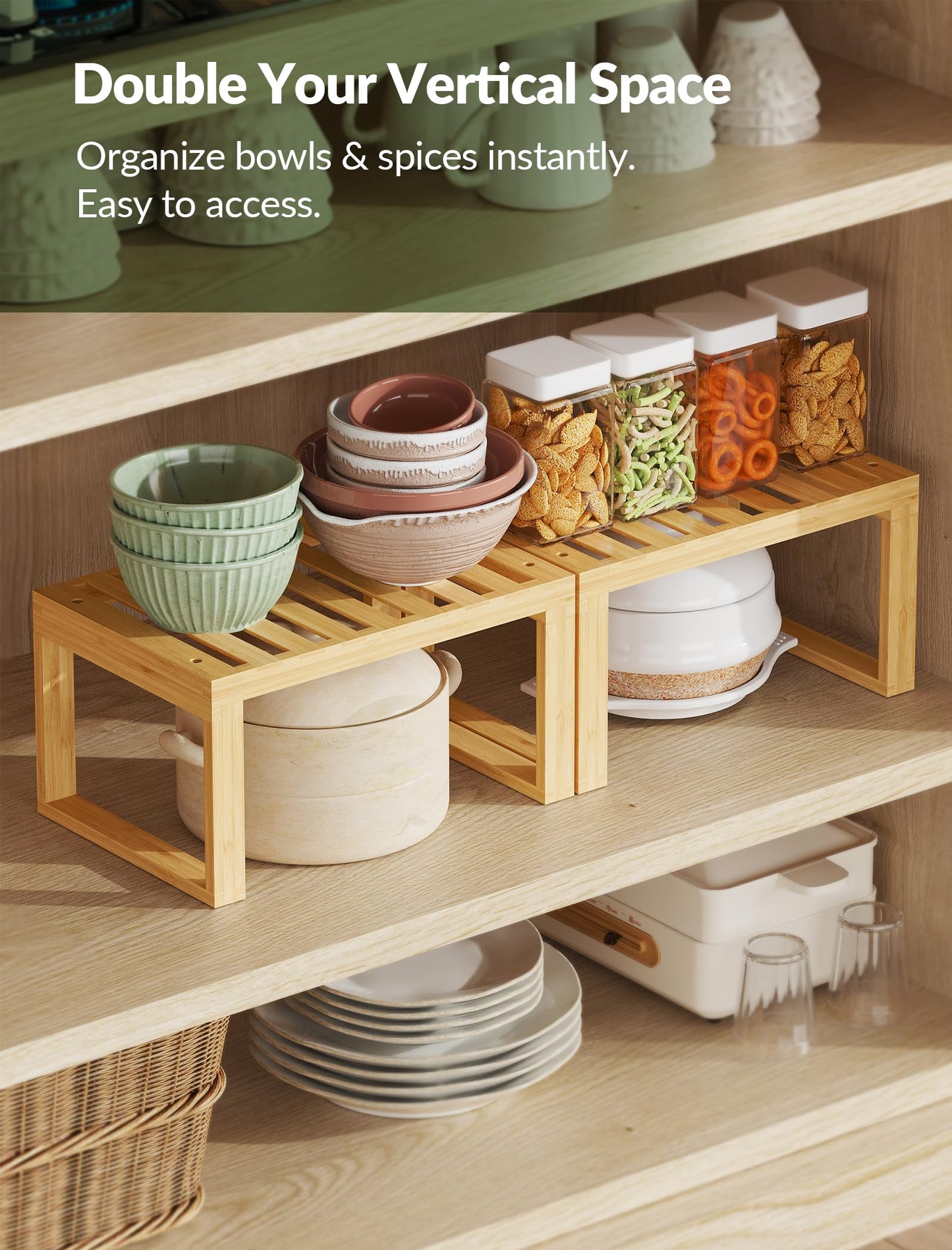 Tomorotec Bamboo Cabinet Shelf, 2 Pcs Kitchen Counter Shelf, Space-Saving Cabinet Organizer for Kitchen, Bathroom and Desk, Multifunctional Storage Rack for Spices, Cans, Toiletries and Stationery