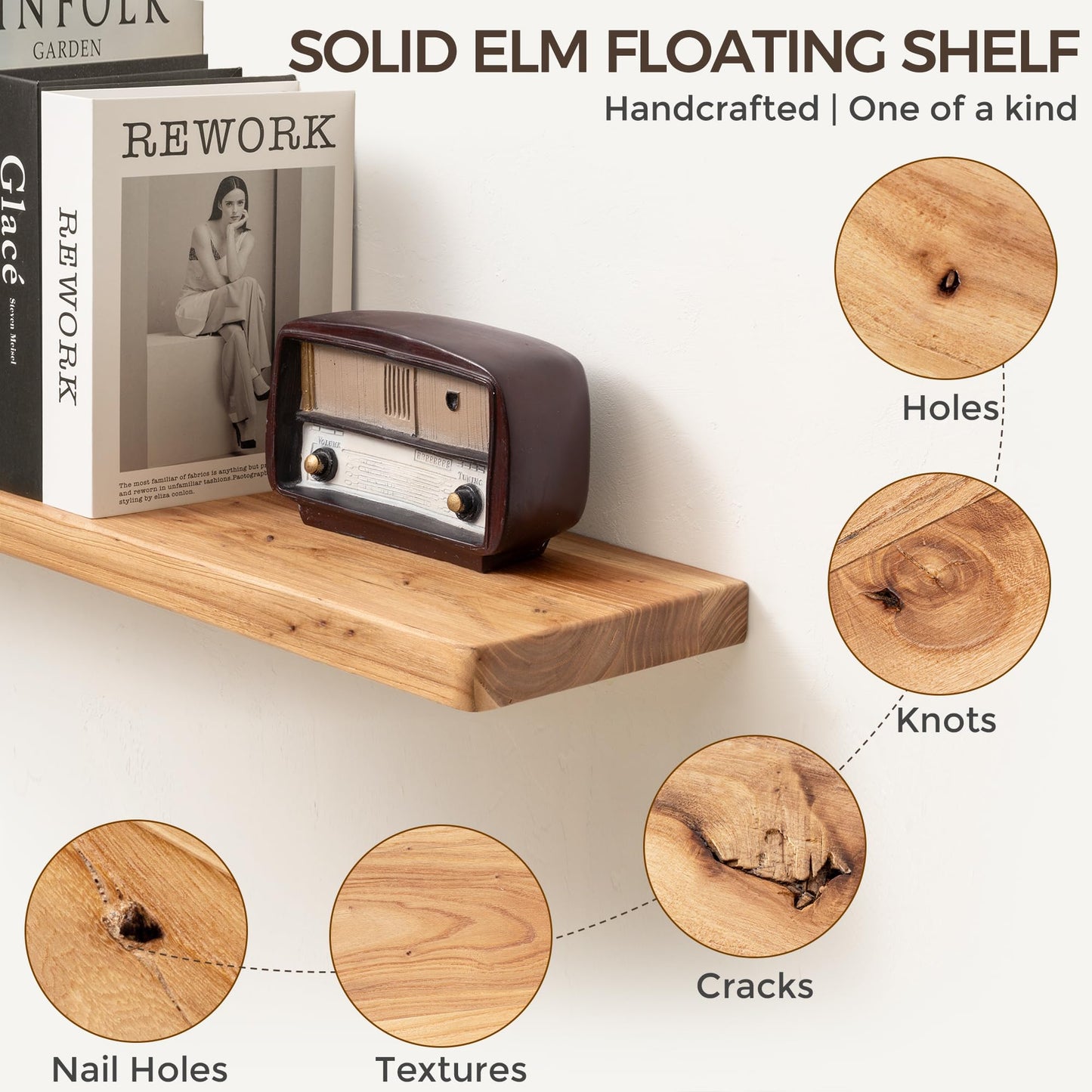 Fun Memories 18 Inch Floating Shelves for Wall, Solid Elm Wood Wall Shelf for Home Decor, Rustic Wooden Bathroom Shelves Set of 2, Heavy-Duty Hardwood Floating Shelf for Bedroom, Kitchen, Living Room