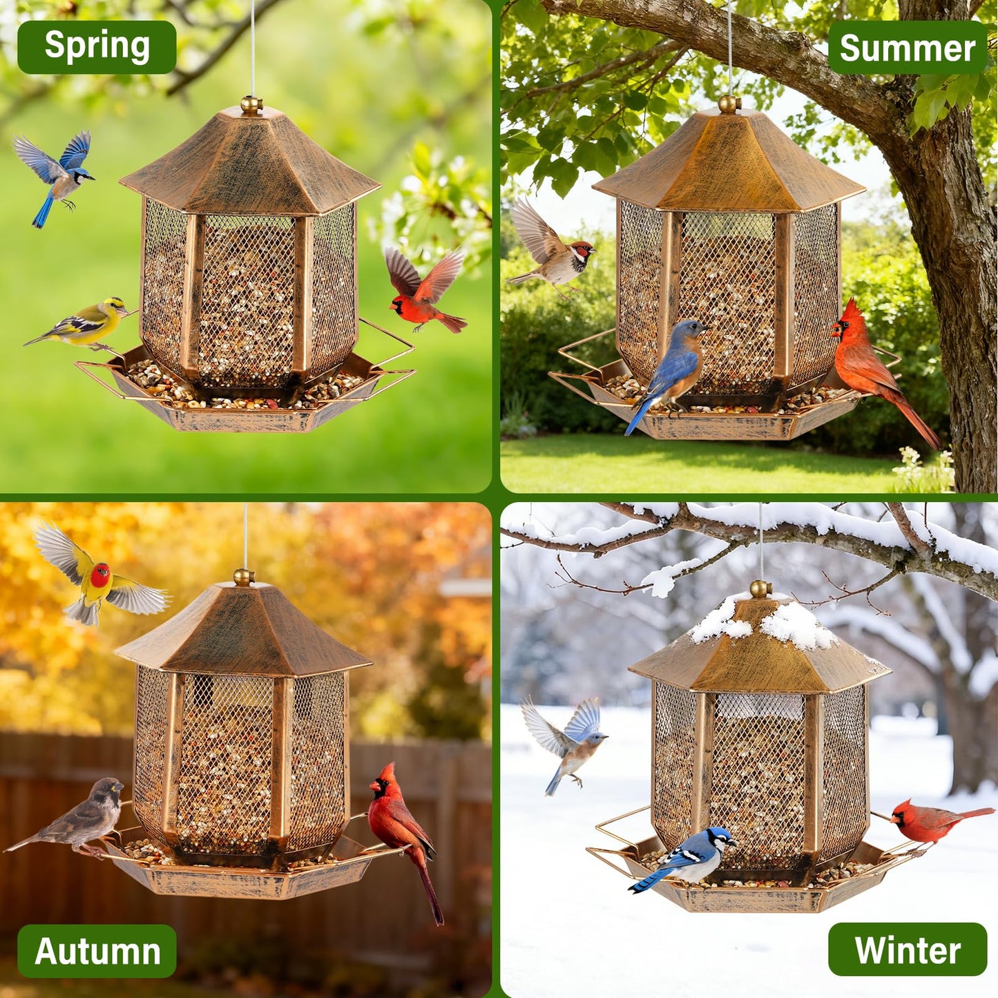 Bird Feeder, Heavy Duty Metal Bird Feeders for Outdoors Hanging, Weather Resistant Wild Bird Feeders for Outside Garden Yard, 3.5LB Seed Capacity, Hexagon Gazebo Style