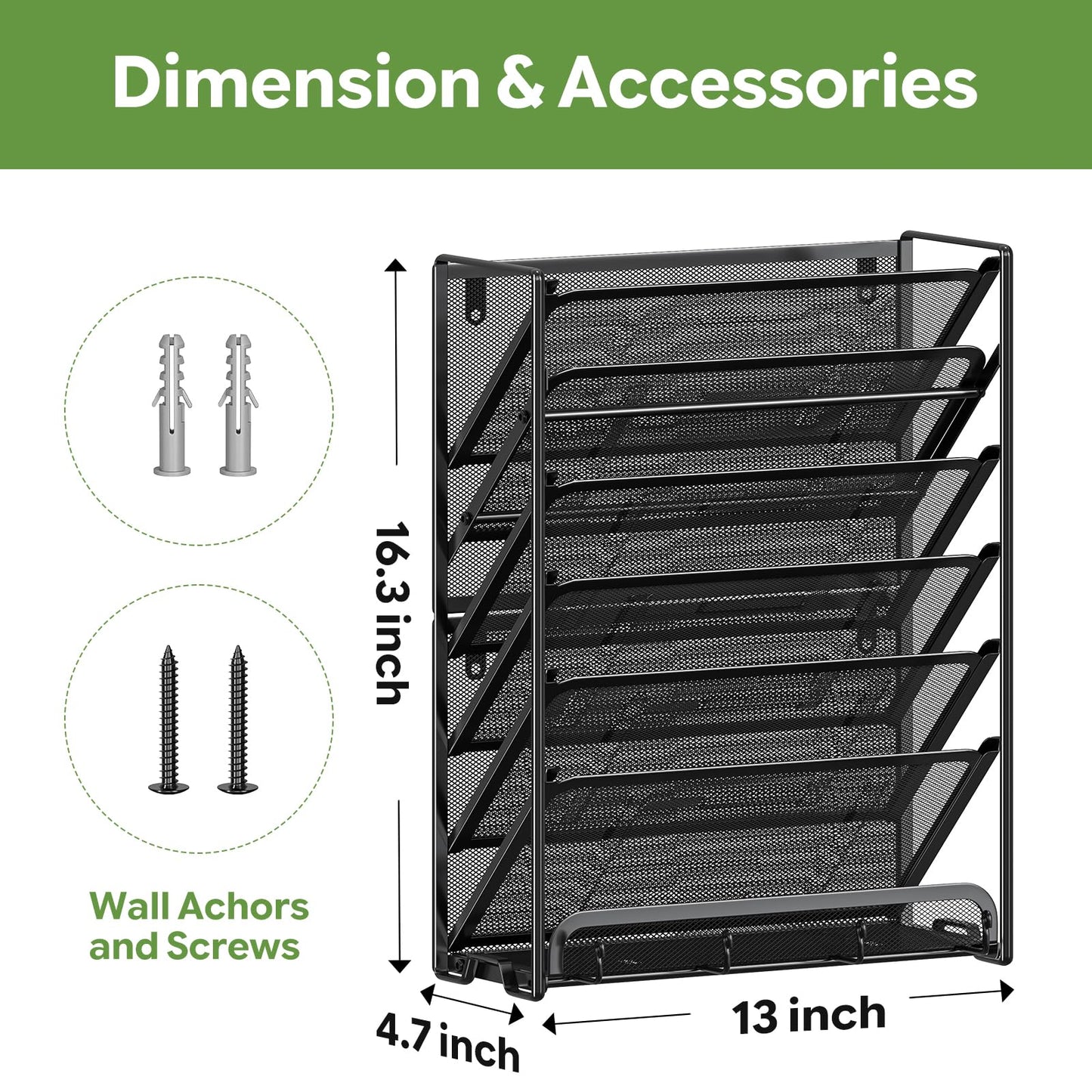 Ekisemio 7-Tier Wall File Organizer, Hanging Mesh File Holder with 4 Hooks, Sturdy Metal File Rack for Desk or Wall, Home Office Storage, Black