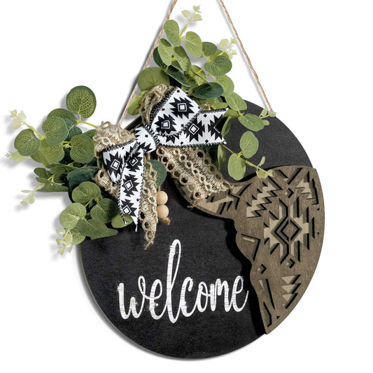 Putuo Decor Western Aztec Welcome Door Sign 12-Inch Round Wooden Wreath for Front Door, Ideal for Outdoor Wall Hanging, Farmhouse, Porch, Suitable for All Seasons, Perfect Housewarming Gift (Black)