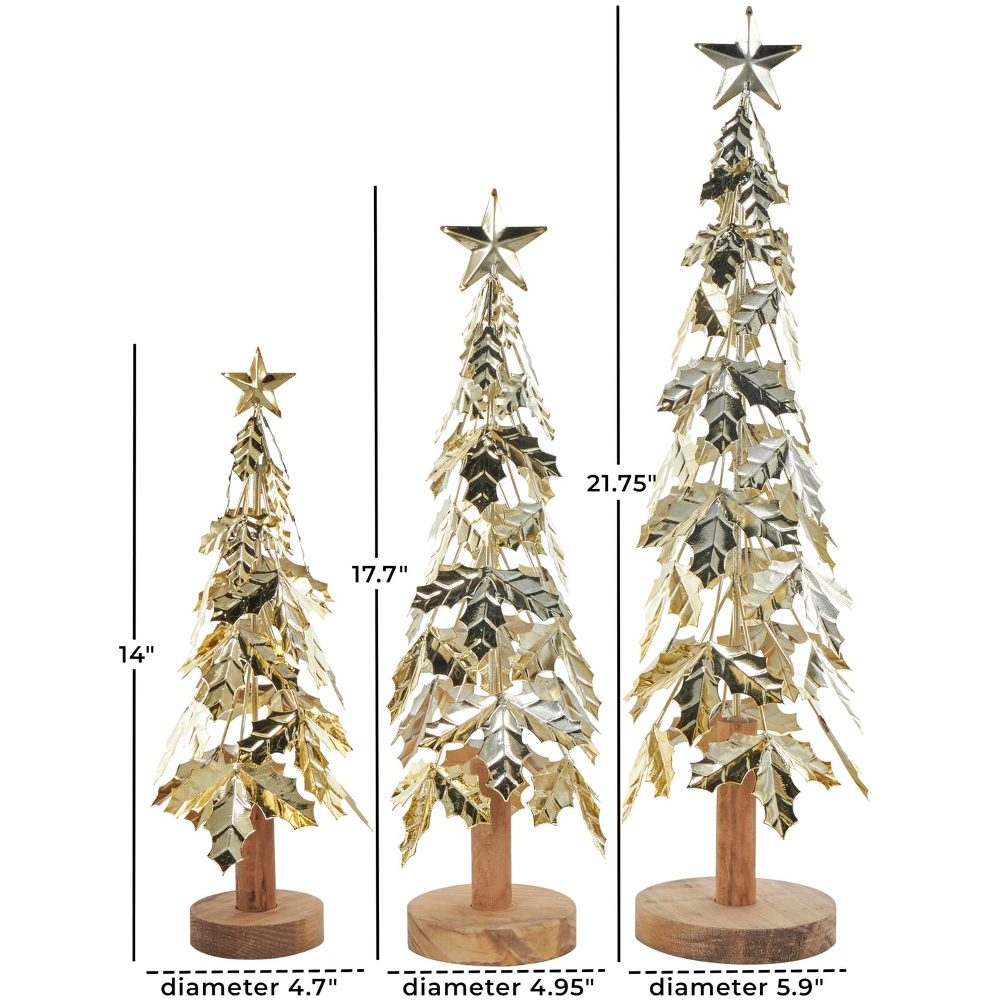 Deco 79 Metal Tree Decorative Sculpture Holiday Layered Holly Leaf Christmas Home Decor Statues with Wooden Base and Star Topper, Set of 3 Accent Figurines 22", 18", 14"H, Gold