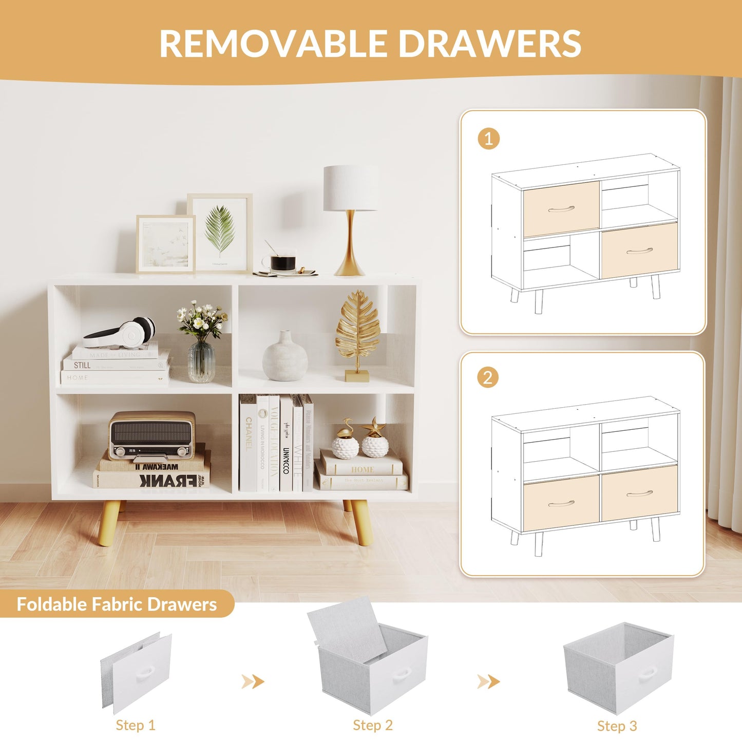 ELYUP Bookcase with Fabric Storage Bins - 4 Cube Organizer Display Bookshelf for Home Office, White