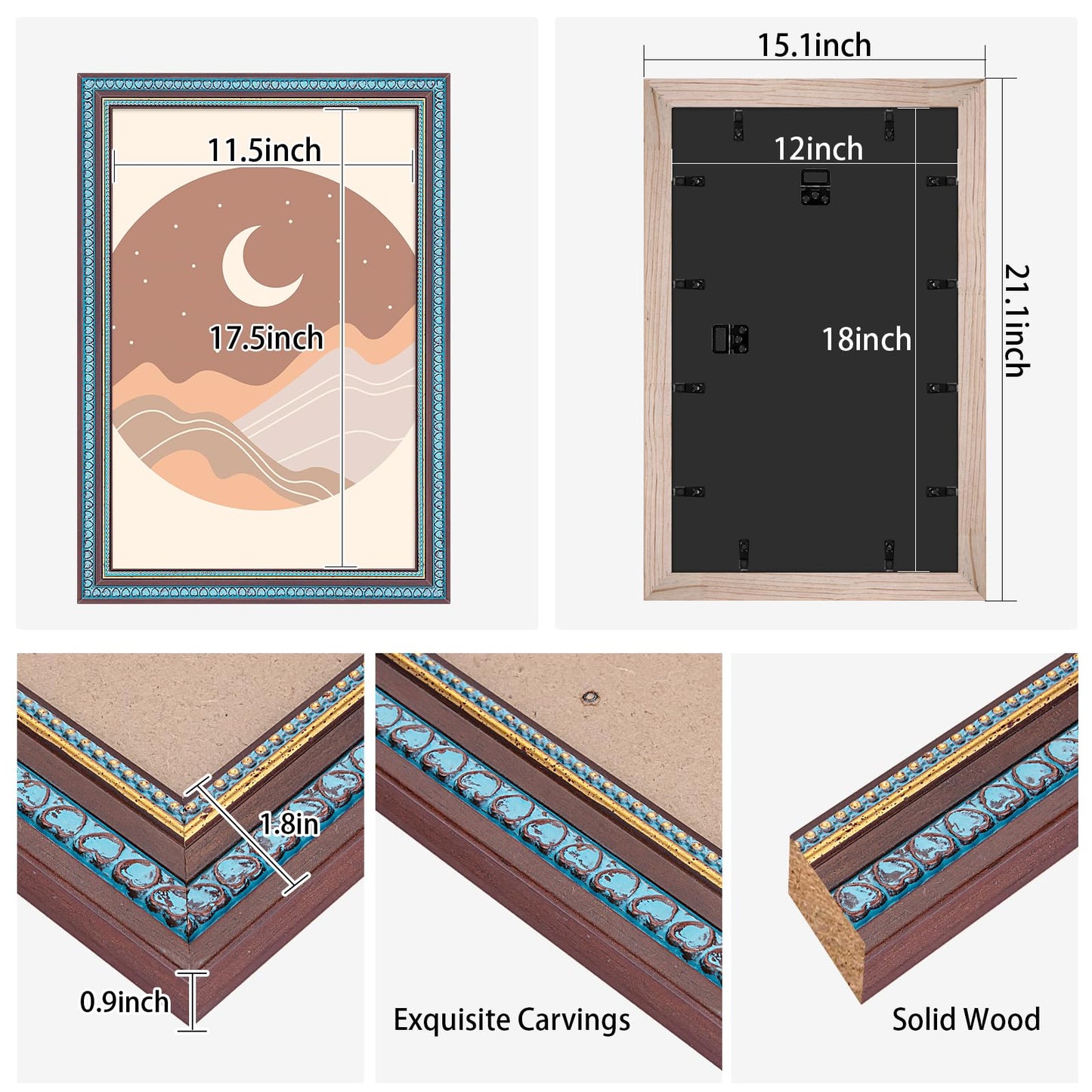 12x18 Wood Frame Brown Blue , Elegant 18x12 Wooden Picture Frame with Love Heart, for 12 x 18inch Gallery Photo Pic with HD Plexiglass, 1.8in Widen 0.9in Thick, Horizontal Vertical Wall Display
