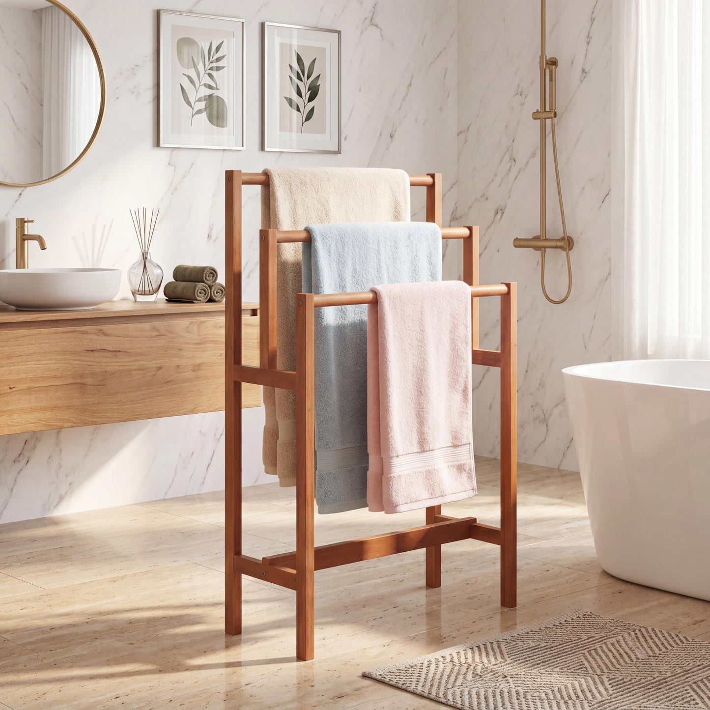 HOMGX Towel Rack & Drying Stand, Freestanding Wooden | 3-Tier Wooden Towel Holder | Sturdy Bathroom Drying Rack | Teak Oil Finish | Compact Vertical Storage | Poolside & Outdoor Use