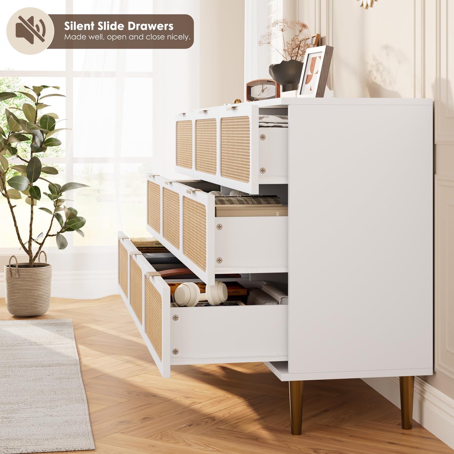 GarveeHome Rattan 9 Drawer Dressers for Bedroom, Tall Dresser with Deep Drawers, Large Chest of Drawers for Closet with Wide Top, Long Wooden Dresser for Living Room, Hallway, Kids Room, White