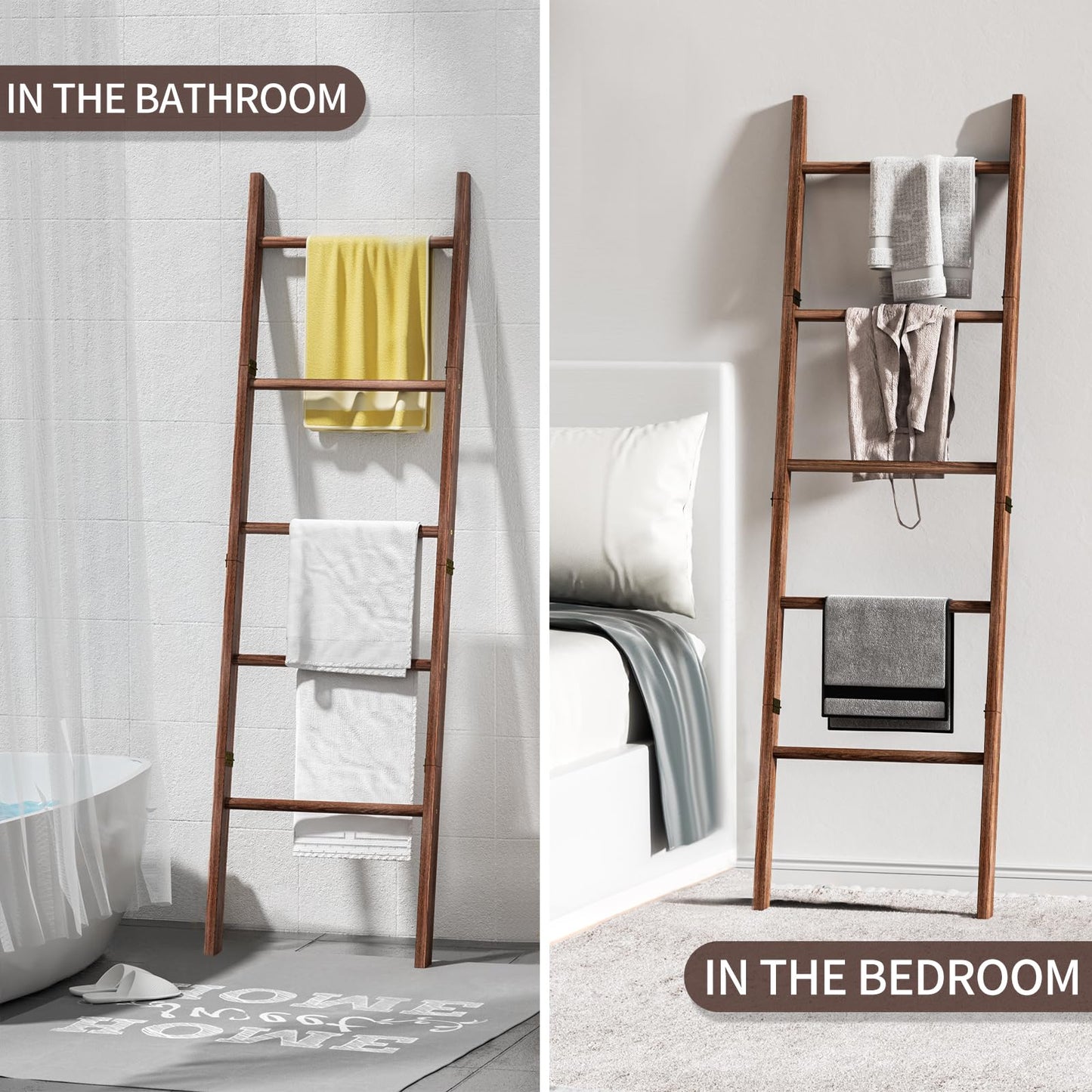 XLHOMO 5-Tier Wooden Blanket Ladder, 63" Rustic Leaning Blanket Rack for Living Room, Decorative Quilt and Towel Holder for Bedroom Bathroom Farmhouse Home Decor, Brown