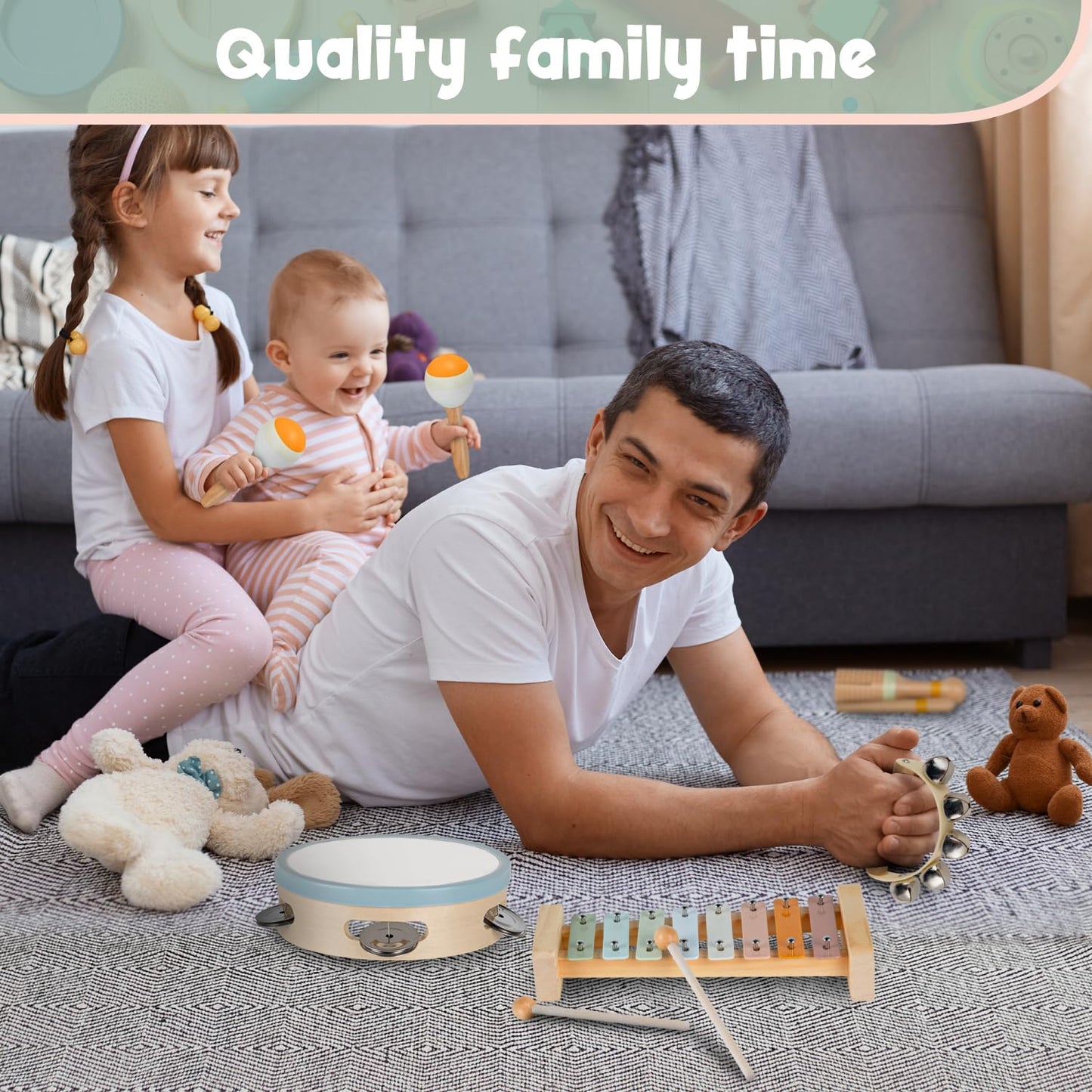 Stoie's Wooden Toddler Musical Instruments with Xylophone, Maracas, Triangle, Tamburine for Babies and Kids, Eco Friendly Montessori Educational Toy