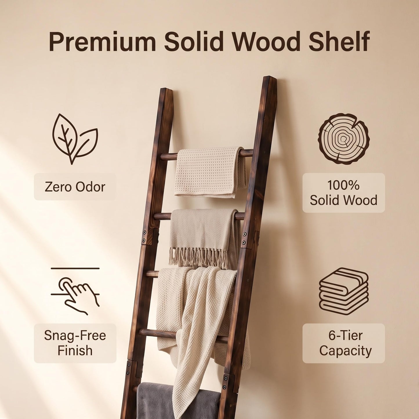 Carbonized Farmhouse Blanket Ladder, 6-Tier Rustic Wooden Rack