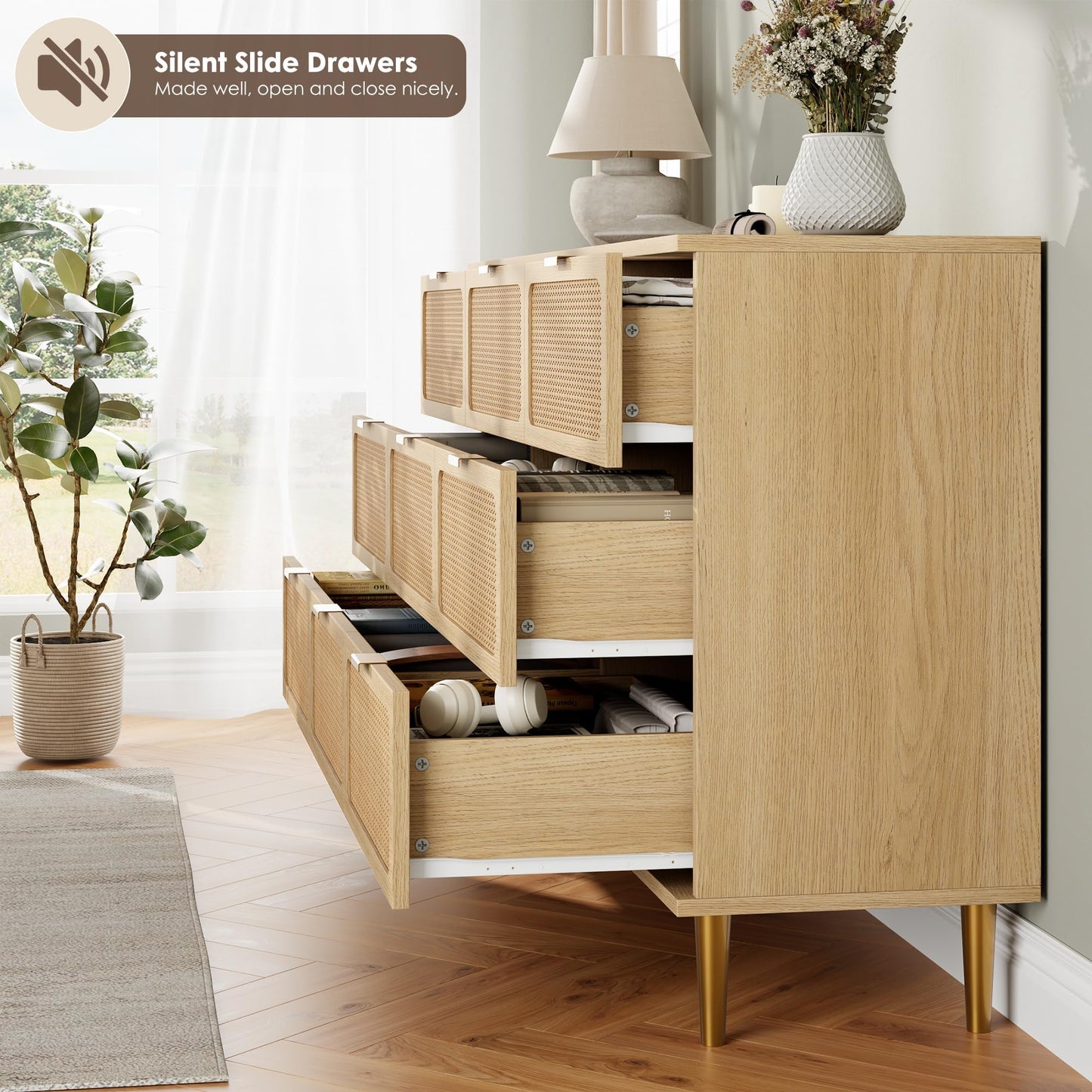 GarveeHome Rattan 9 Drawer Dressers for Bedroom, Tall Dresser with Deep Drawers, Large Chest of Drawers for Closet with Wide Top, Long Wooden Dresser for Living Room, Hallway, Kids Room, Natural
