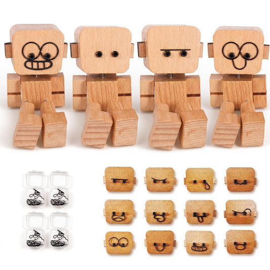 4 pcs Shaking Wooden Man Figurine,Wooden Figure with Spring Legs, Shaking feet Wood Doll, Funny Desktop Decor with 12 PCS Expressions, Car Dashboard Decorations(Beech)
