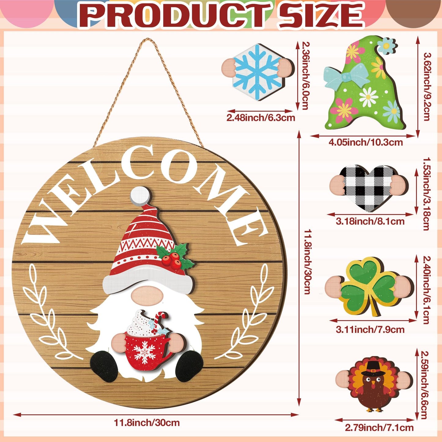 Qunclay Woodland Seasonal Interchangeable Wooden Gnome Decor Summer Christmas in July Gnome Decorations with Magnet Pieces and Detachable Hats Hanging Welcome Sign