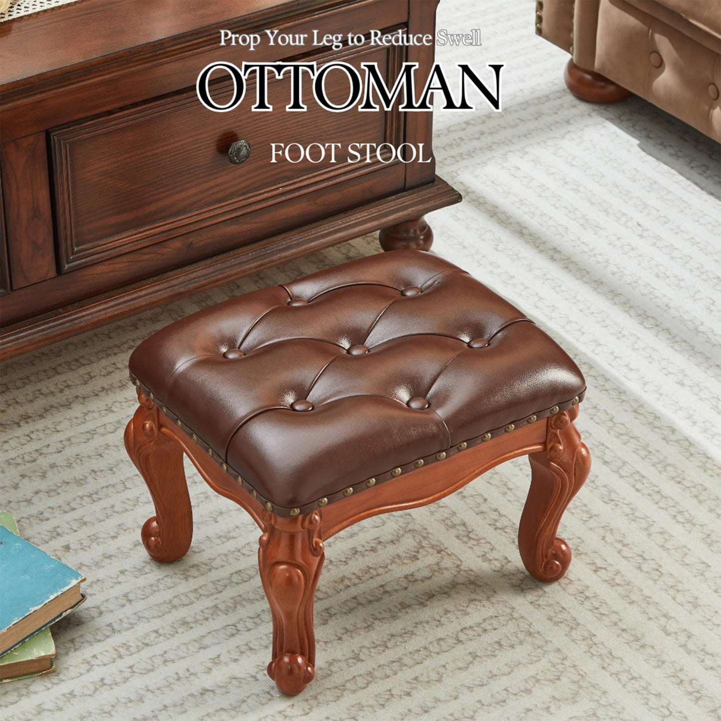 KUKEJCM Foot Stools Ottoman, Small Vintage Leather Footstool for Living Room, Solid Wooden Ottoman Foot Rest,Shoe Change Bench at the Entrance (Warm Brown)