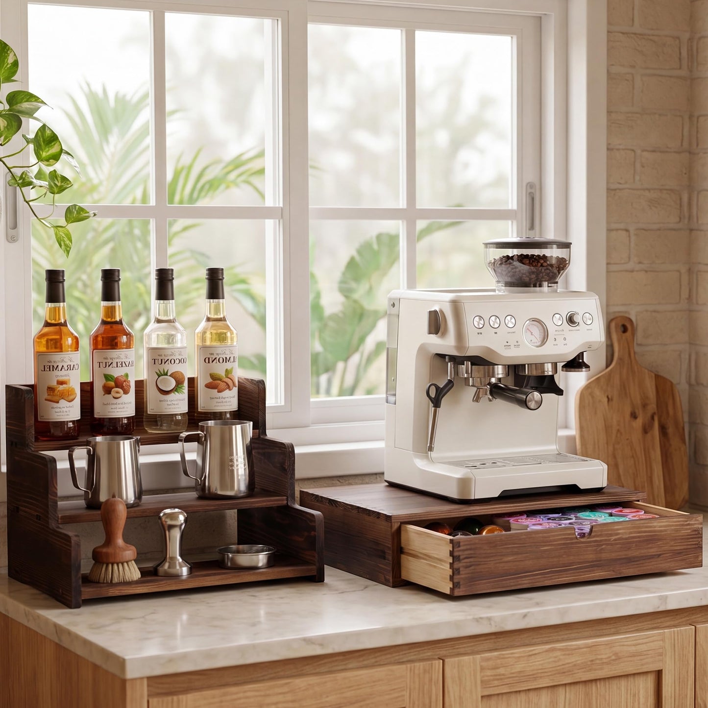 Wooden Coffee Station Organizer with K Cup Holder, 3-Tier Syrup Rack with Coffee Pod Holder Drawer,30 Pod Capacity, Coffee Bar Organizer for the Office and Home Kitchen,Rustic Brown