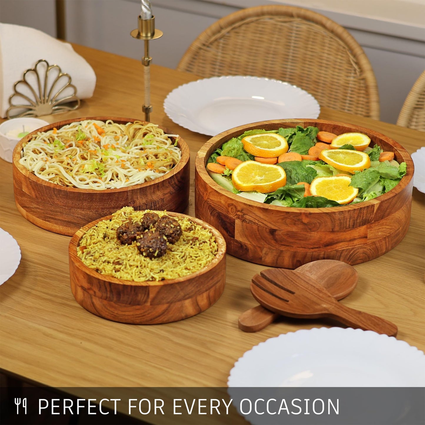 Wooden Acacia Round Bowl Set of 3 (12″,10″,8″), Wooden Salad Bowls-Multi-Purpose, Kitchen, Dining, Serving Food, Salads, Fruits - Handmade, Decorative, Rustic, Eco-Friendly, Food-Safe, Wood Serveware