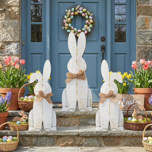 Suzile 3 Pcs Easter Welcome Porch Sign Large Wooden Bunny Outdoor Decor Easter Tall Standings Bunny Shape Yard Decorations outdoor decor for Home Lawn, 3 Styles