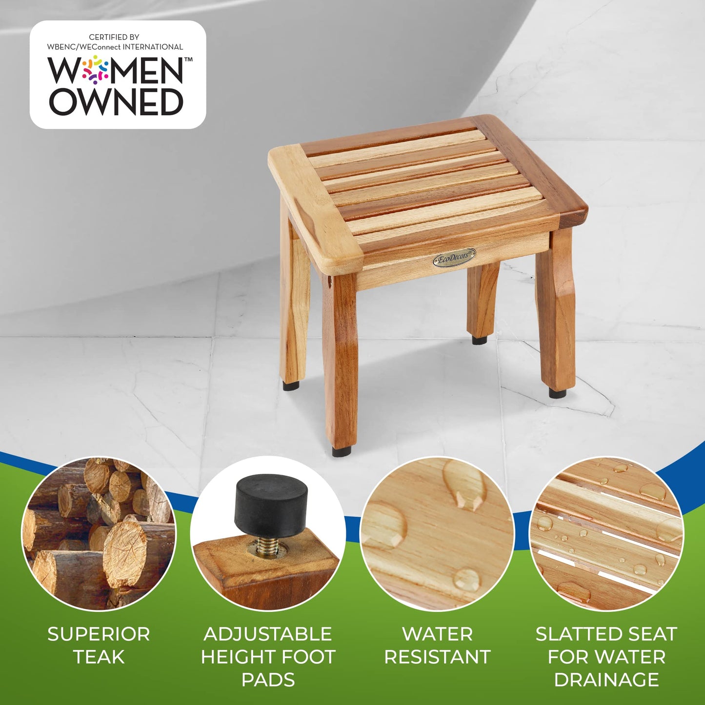 EcoDecors Teak Shaving Stool – 12" x102x12 Compact Shower Step Small Teak Foot Stool for Shaving Legs | Water-Resistant | Non-Slip Bathroom Step for Women