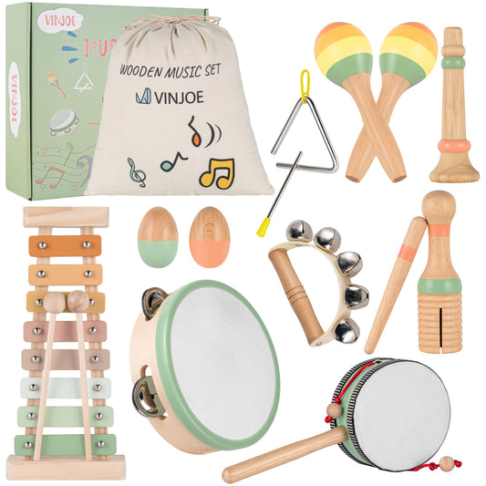 VINJOE Baby Musical Instruments-Toddler Montessori Wooden Musical Toys for Kids 1-3, Neutral Colors Percussion Instruments Set Early Learning Musical Toys for Preschool Educational Birthday Gifts