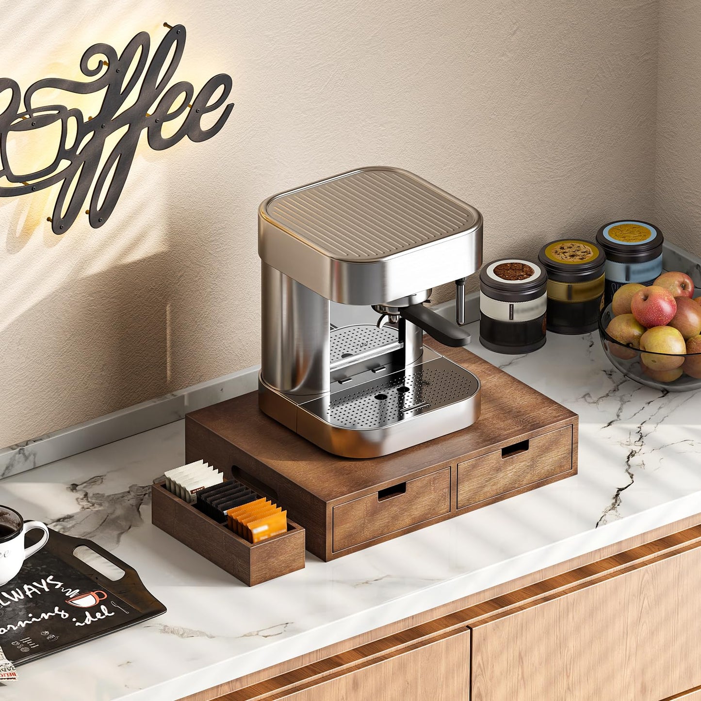 CHOEZON Coffee Pod Organizer, Storage Box with 2 Drawers, Coffee Station with Removable Dividers, Holder for K-Cup, Holds Pods, Syrup, Tea Bags for Living Room, Kitchen, Office, Mocha MCW31MA
