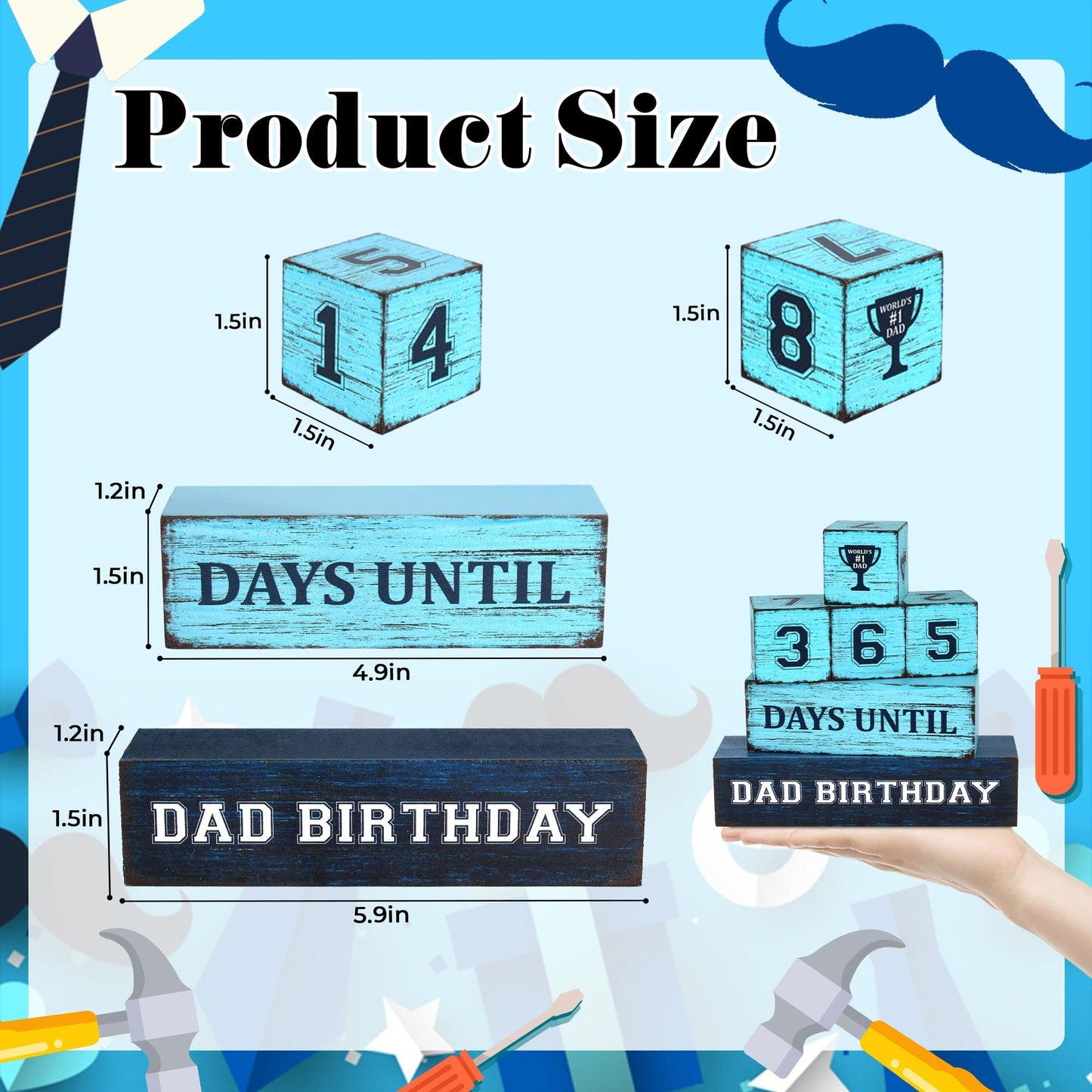 365 Days Dad Birthday Countdown Wooden Tiered Tray Decor, Father Day Decorations Gifts for Home, Daddy Papa Pop Grandpa Table Centerpiece for Office Kitchen Office