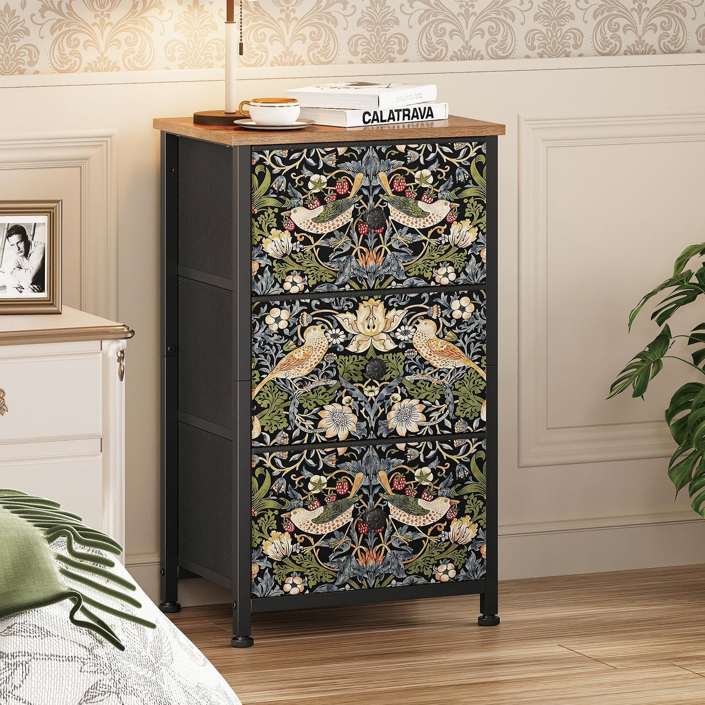 Welfuturer Dresser with 3 Drawers Strawberry Thief Drawer Dresser for Bedroom Vintage Nightstand Small Dressers & Chests of Drawer for Halfway Entryway Living Room Sturdy Steel Frame Wood Top, Brown
