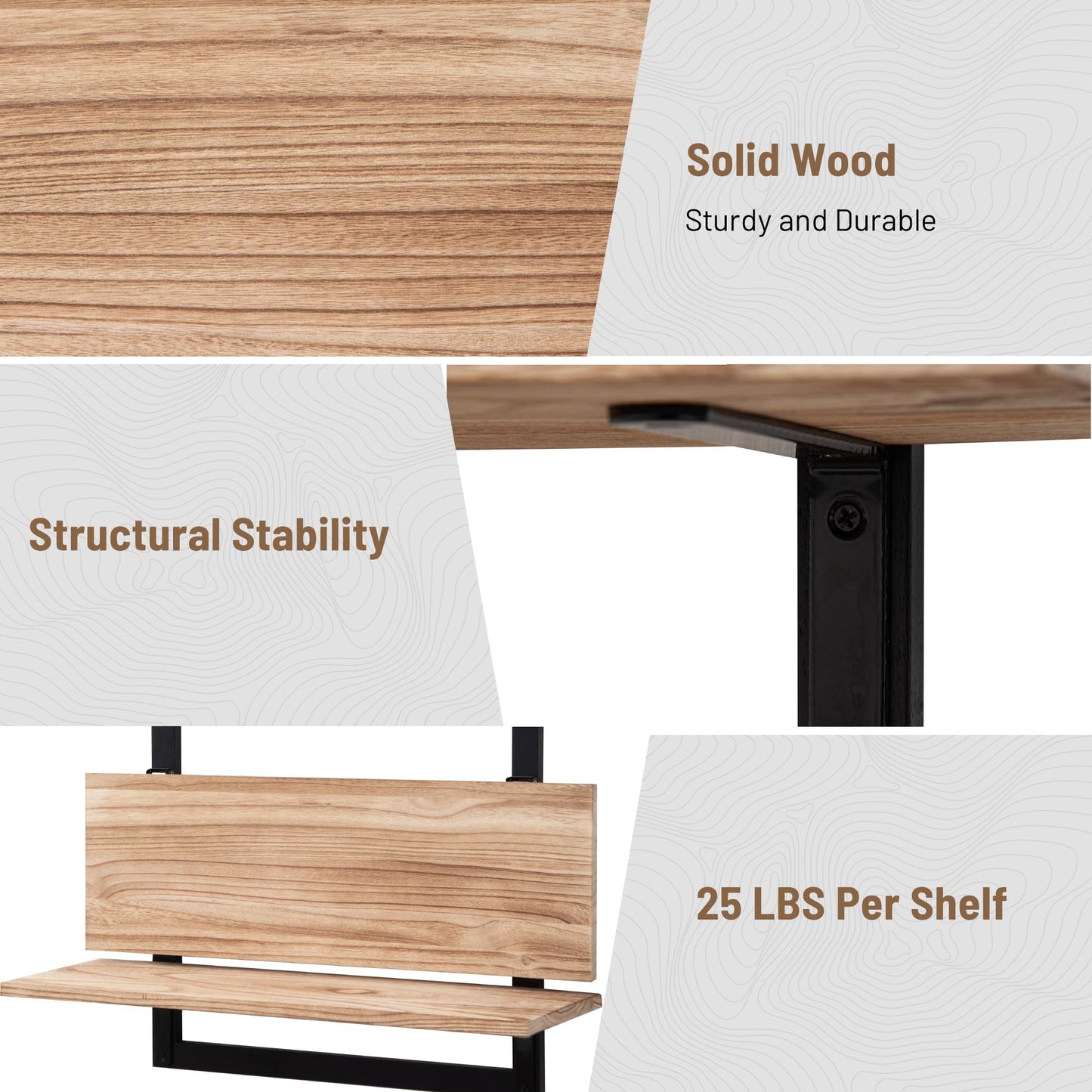 Wodhels 24-Inch Floating Shelves for Wall，3-Tier Wooden Wall Mounted Kitchen Shelves with Foldable Brackets,Hanging Wall Shelves for Living Room, Coffee Bar，Bedroom, Bathroom,Rustic Brown