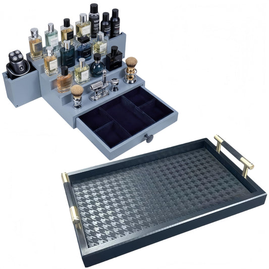 Bamboo Vanity Tray with 4 Tier Wooden Cologne Organizer in Grey
