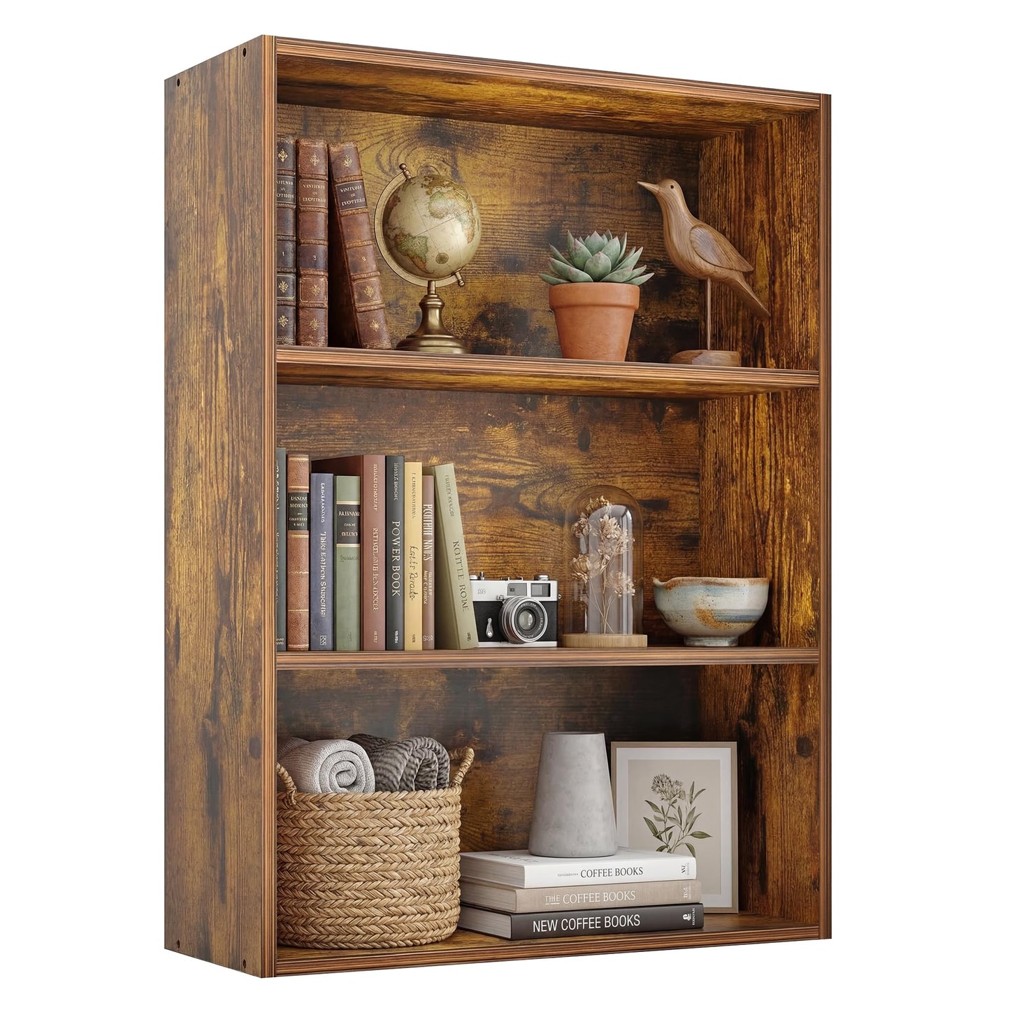 Alpen Book Shelf, 3 Shelf Bookcase Floor Standing Shelves for Bedroom, Wooden Short Bookshelf with Storage Adjustable Small Bookshelf for Small Spaces, Living Room, Rustic Brown