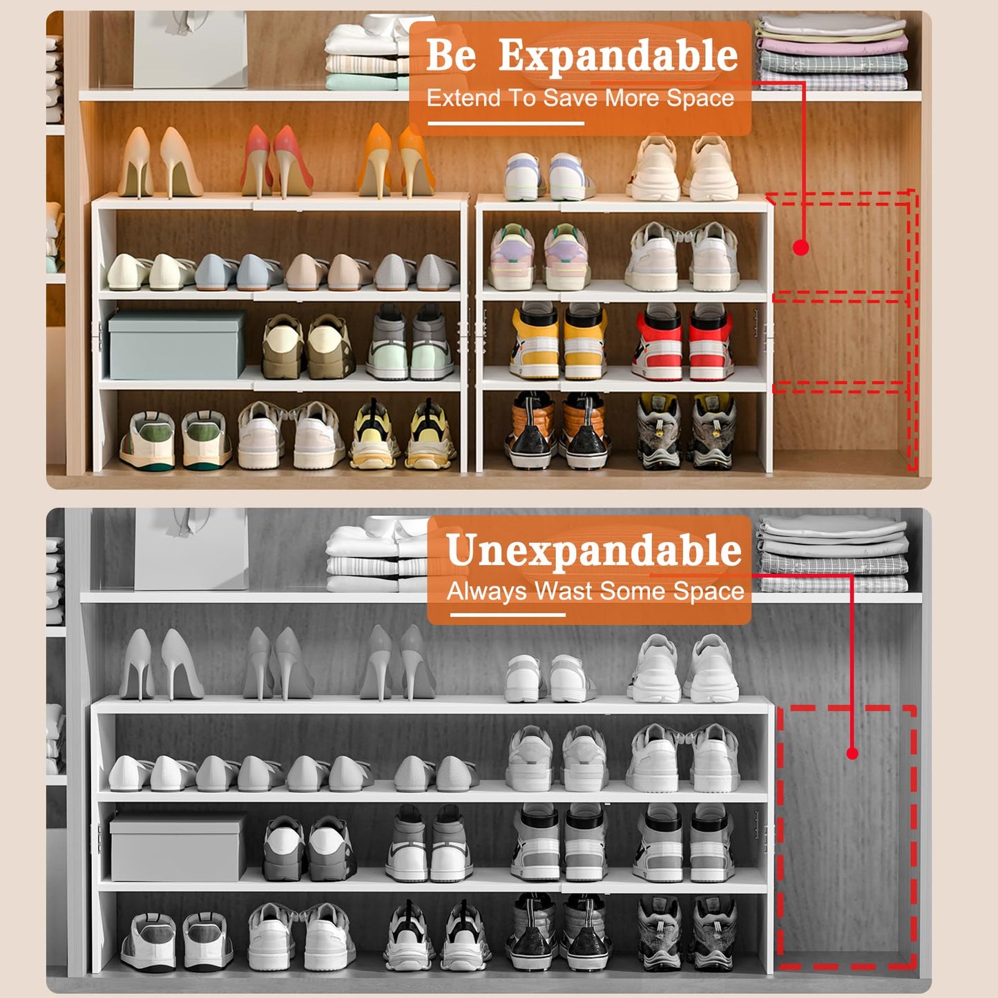 White Shoe Rack Organizer for Closet, 3-Tier Expandable Shoe Shelf, Stackable Iron Wood Combination Shoe Racks Shelves for Closets, Entryway,Small Space,Hallway,Garage,Holds 8-16 Pairs of Shoes